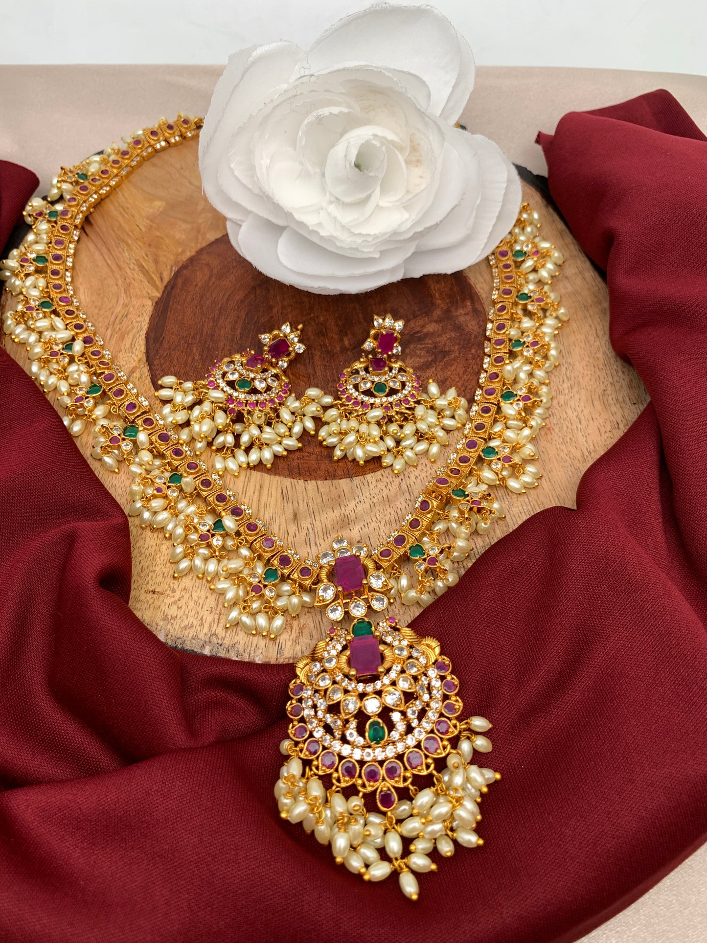Multi Stone Rice Pearls Guttapusalu Long Necklace