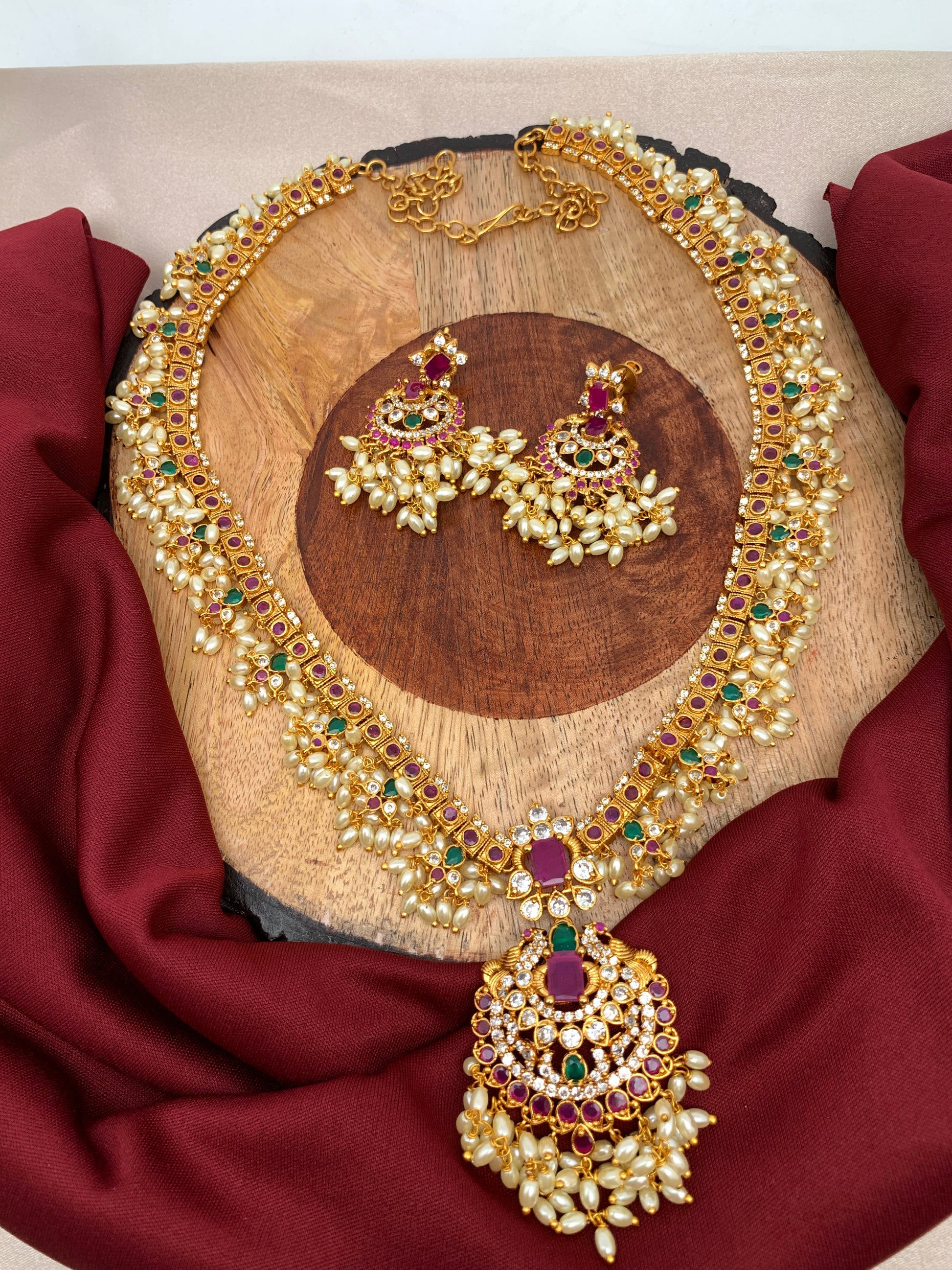 Multi Stone Rice Pearls Guttapusalu Long Necklace