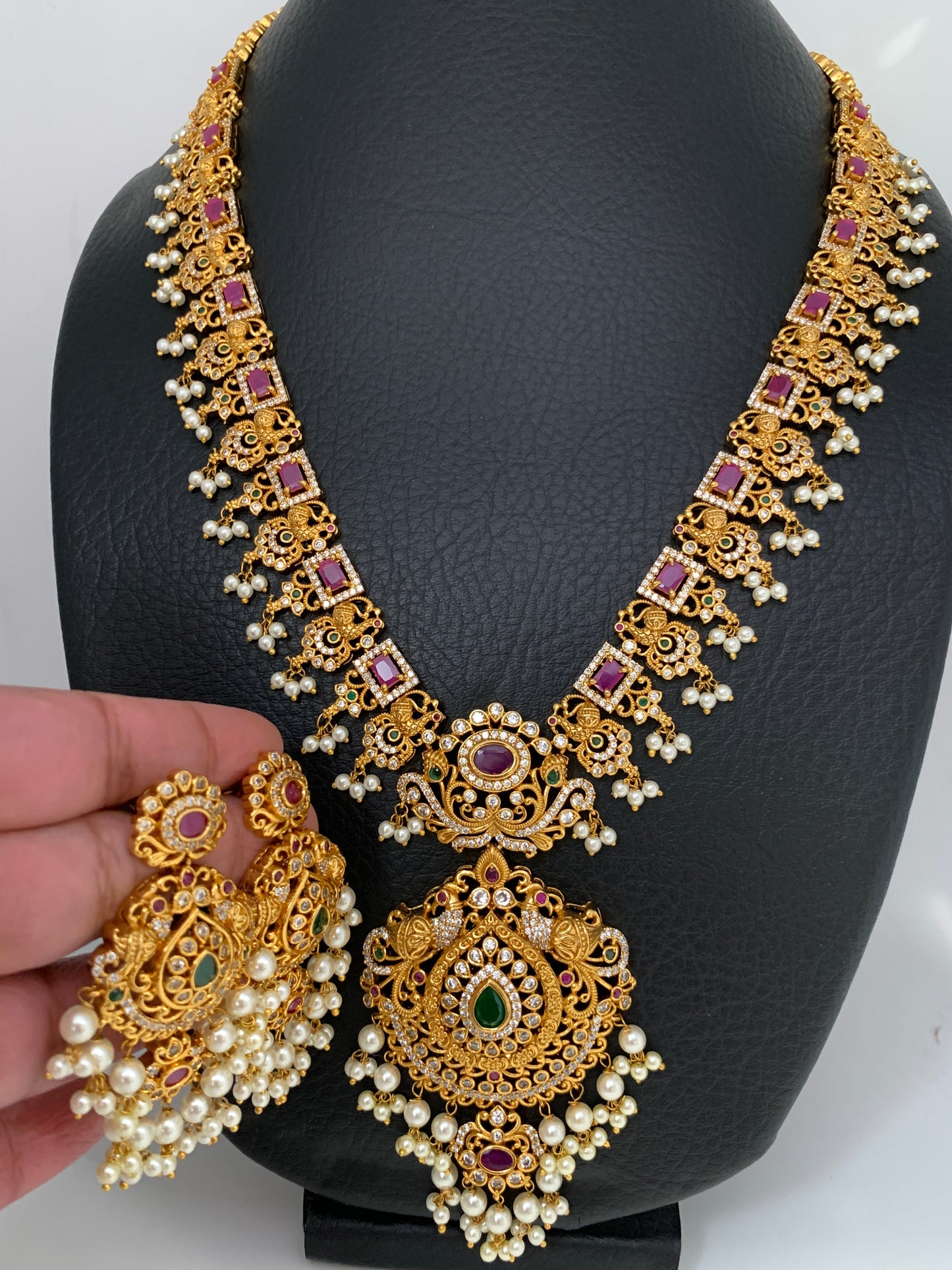 Red Stone Peacock Floral Design Long Necklace