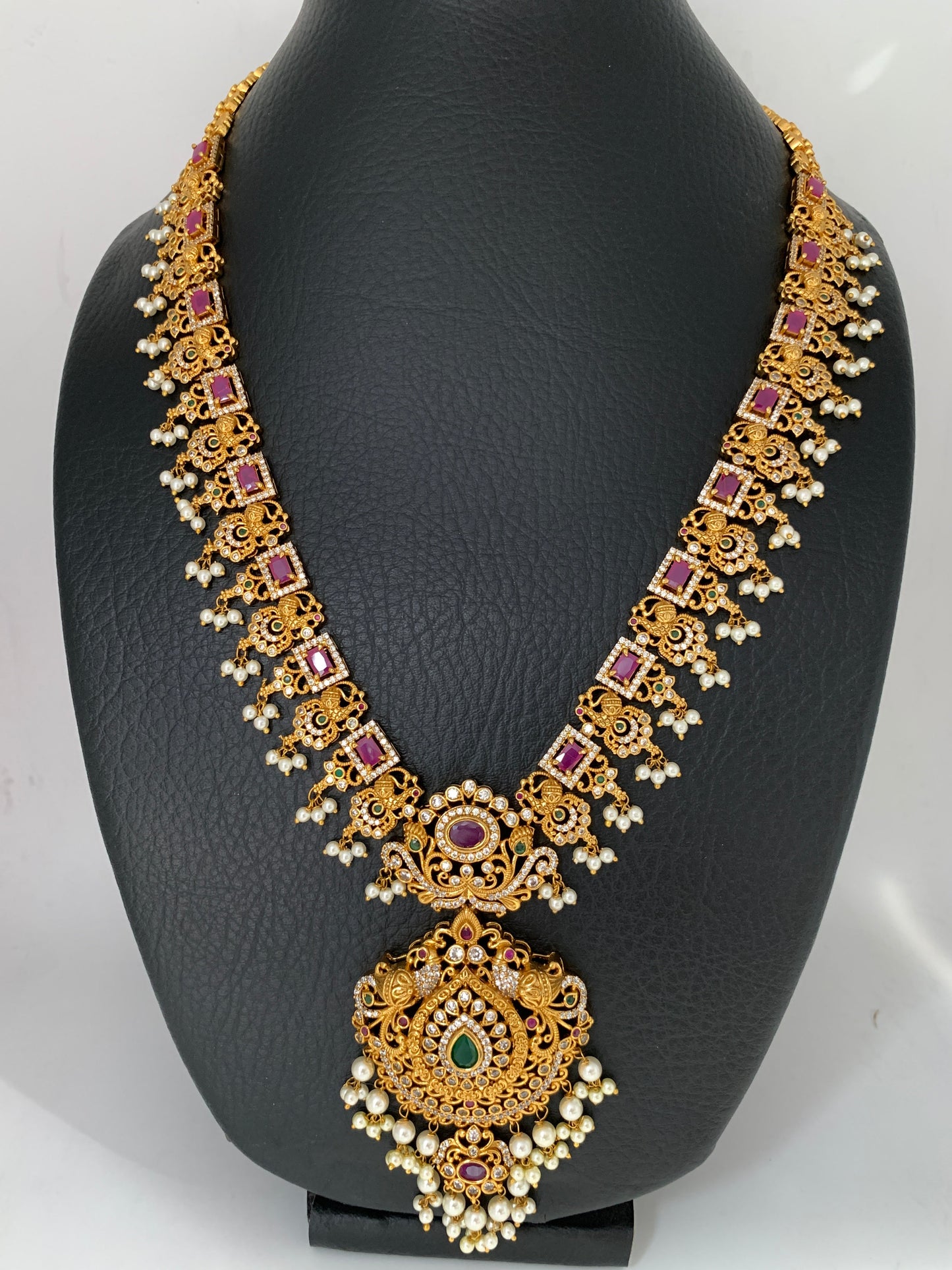 Red Stone Peacock Floral Design Long Necklace