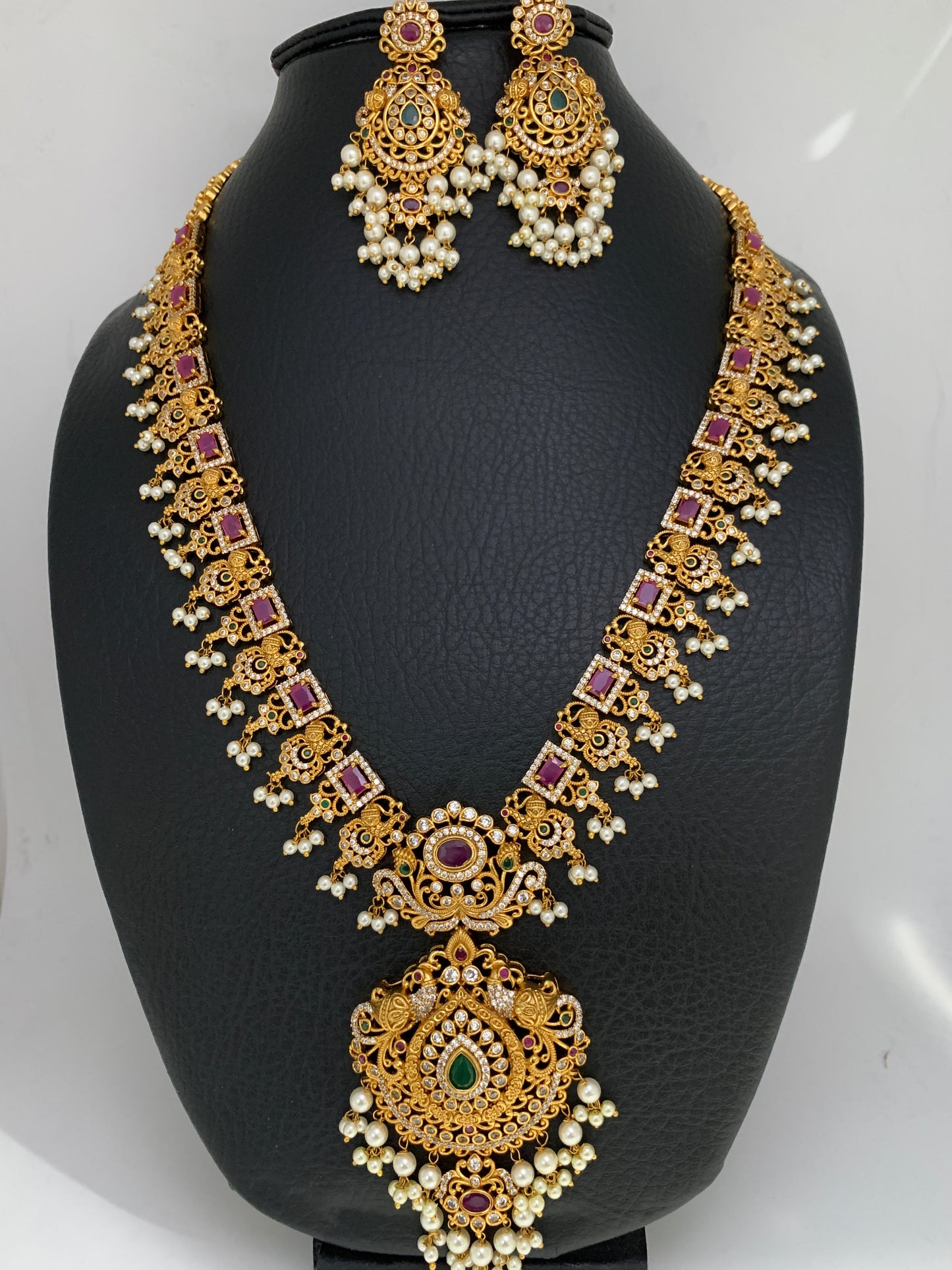 Red Stone Peacock Floral Design Long Necklace