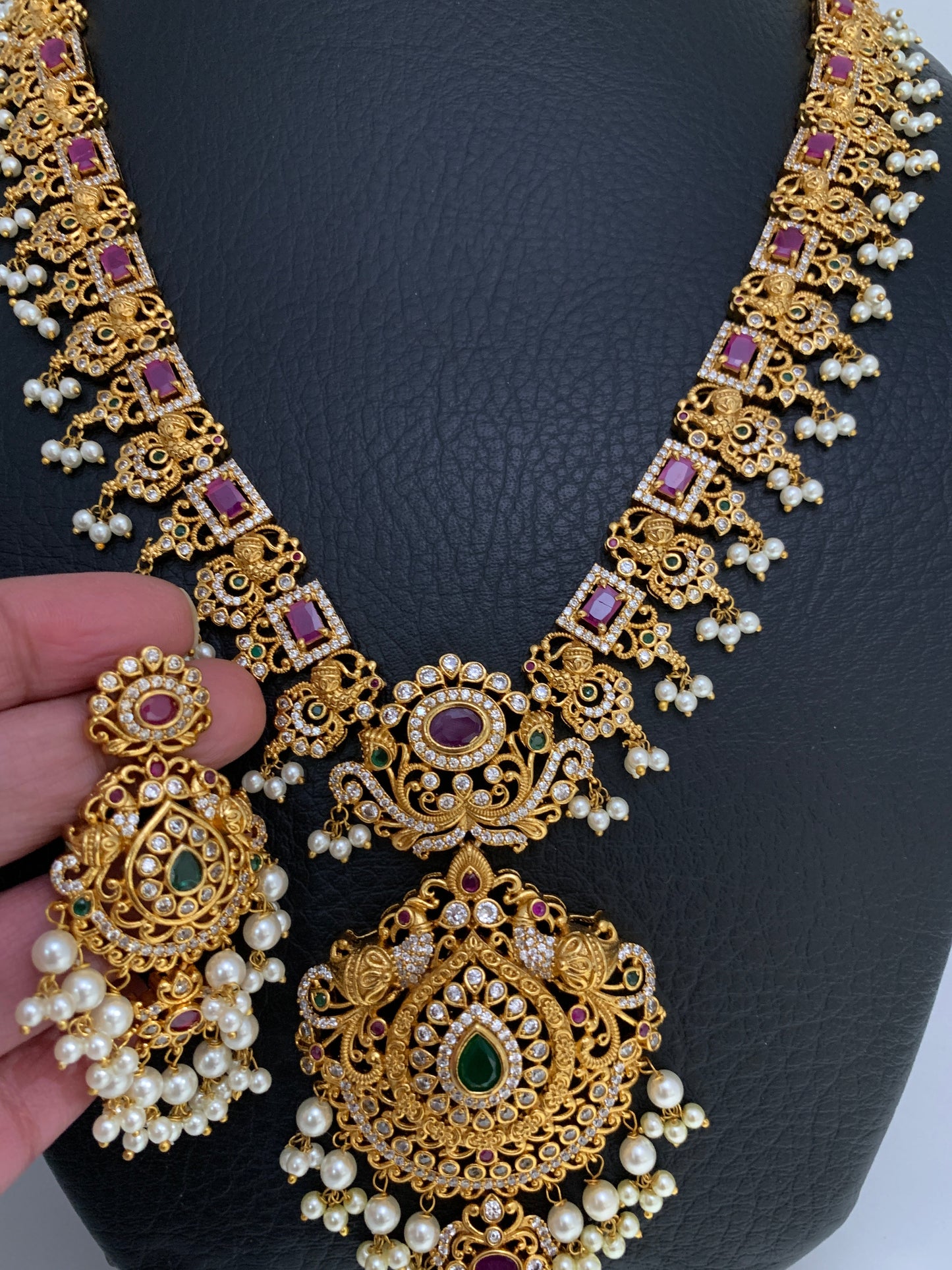 Red Stone Peacock Floral Design Long Necklace
