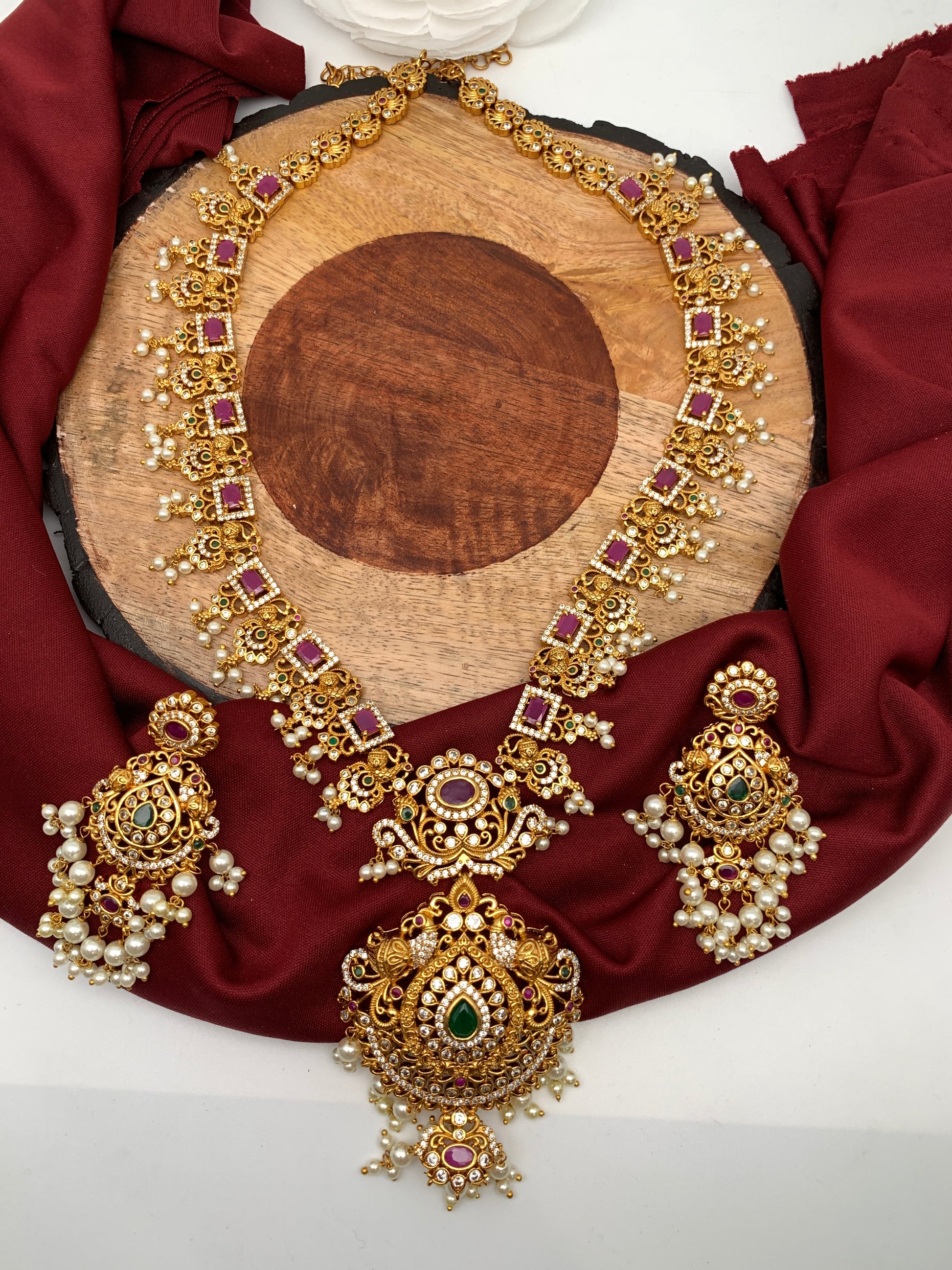 Red Stone Peacock Floral Design Long Necklace