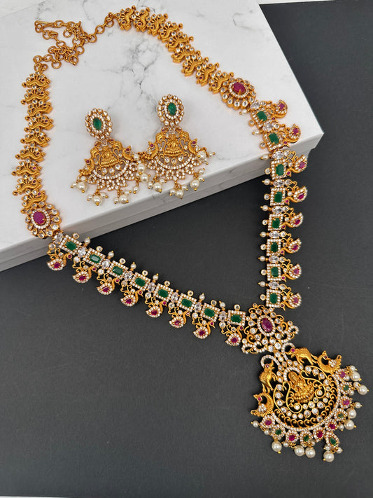 Goddess Lakshmi Peacock Multi Stone Long Necklace