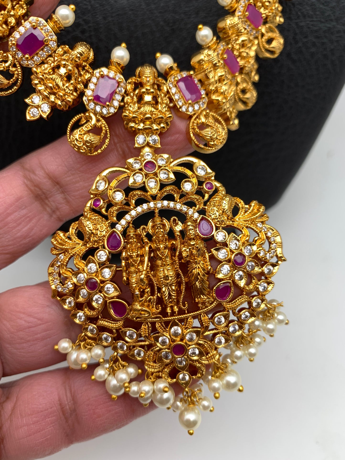 Ram Paarivar Pendent Goddess Lakshmi Red Stone Long Necklace