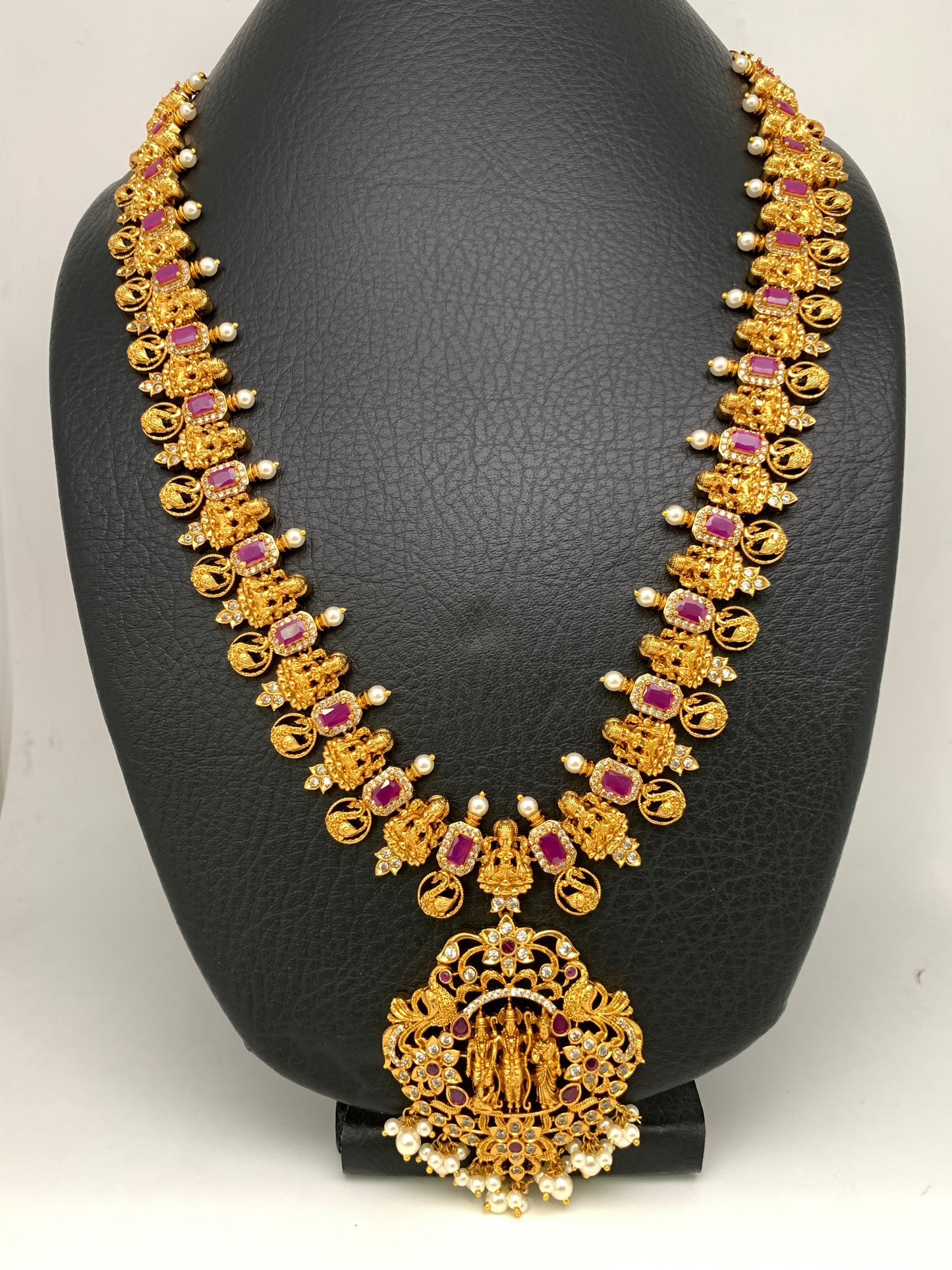 Ram Paarivar Pendent Goddess Lakshmi Red Stone Long Necklace