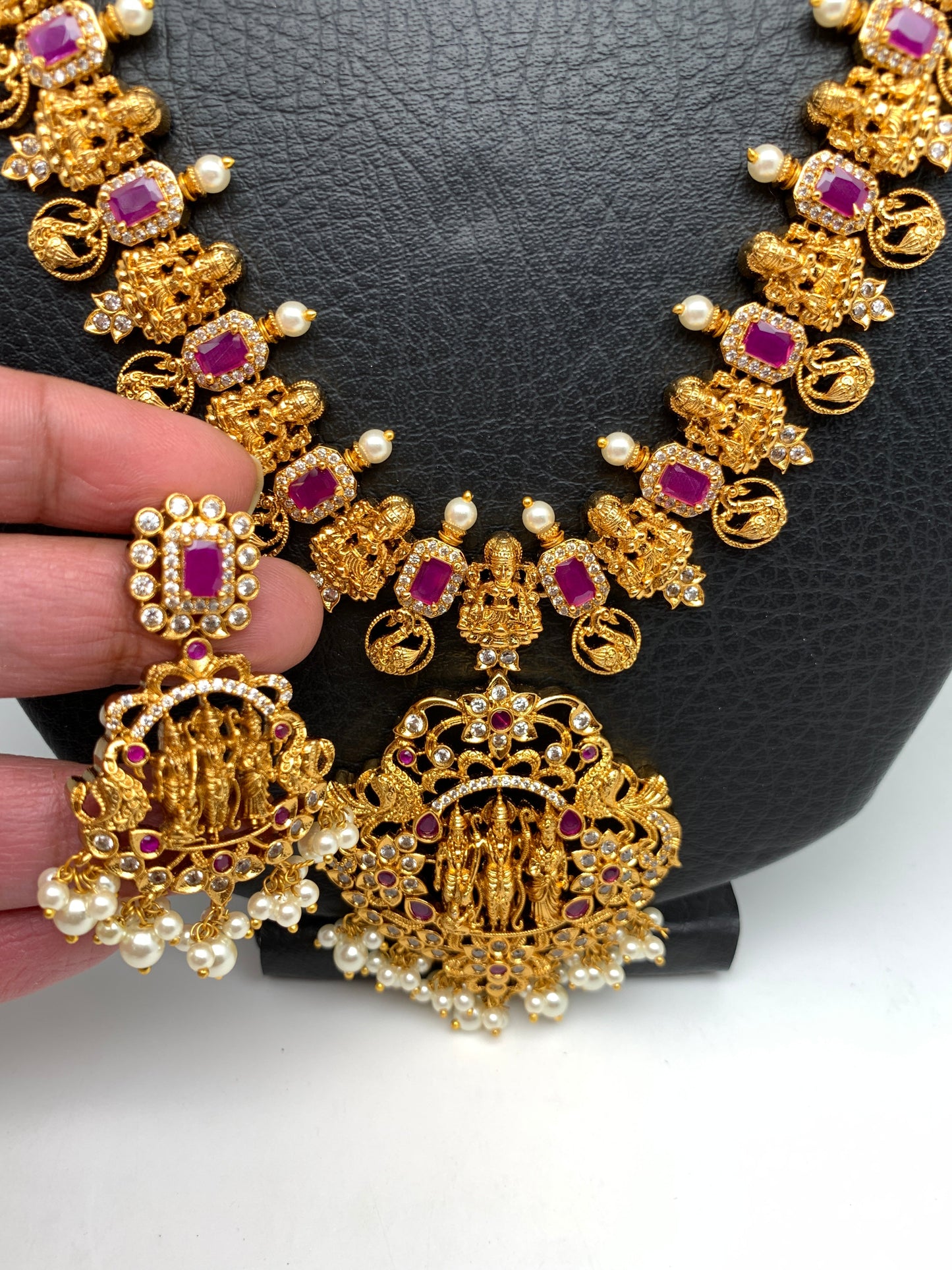 Ram Paarivar Pendent Goddess Lakshmi Red Stone Long Necklace