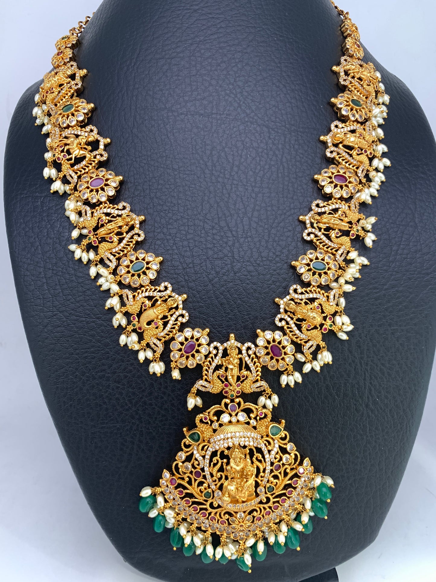 Dashavataram Red Green Stone Green beads Long Necklace