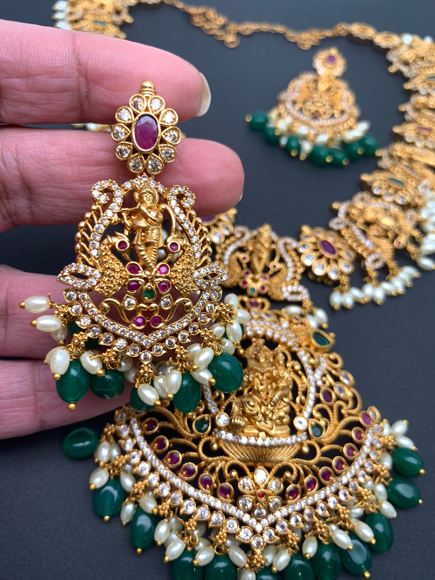 Dashavataram Red Green Stone Green beads Long Necklace