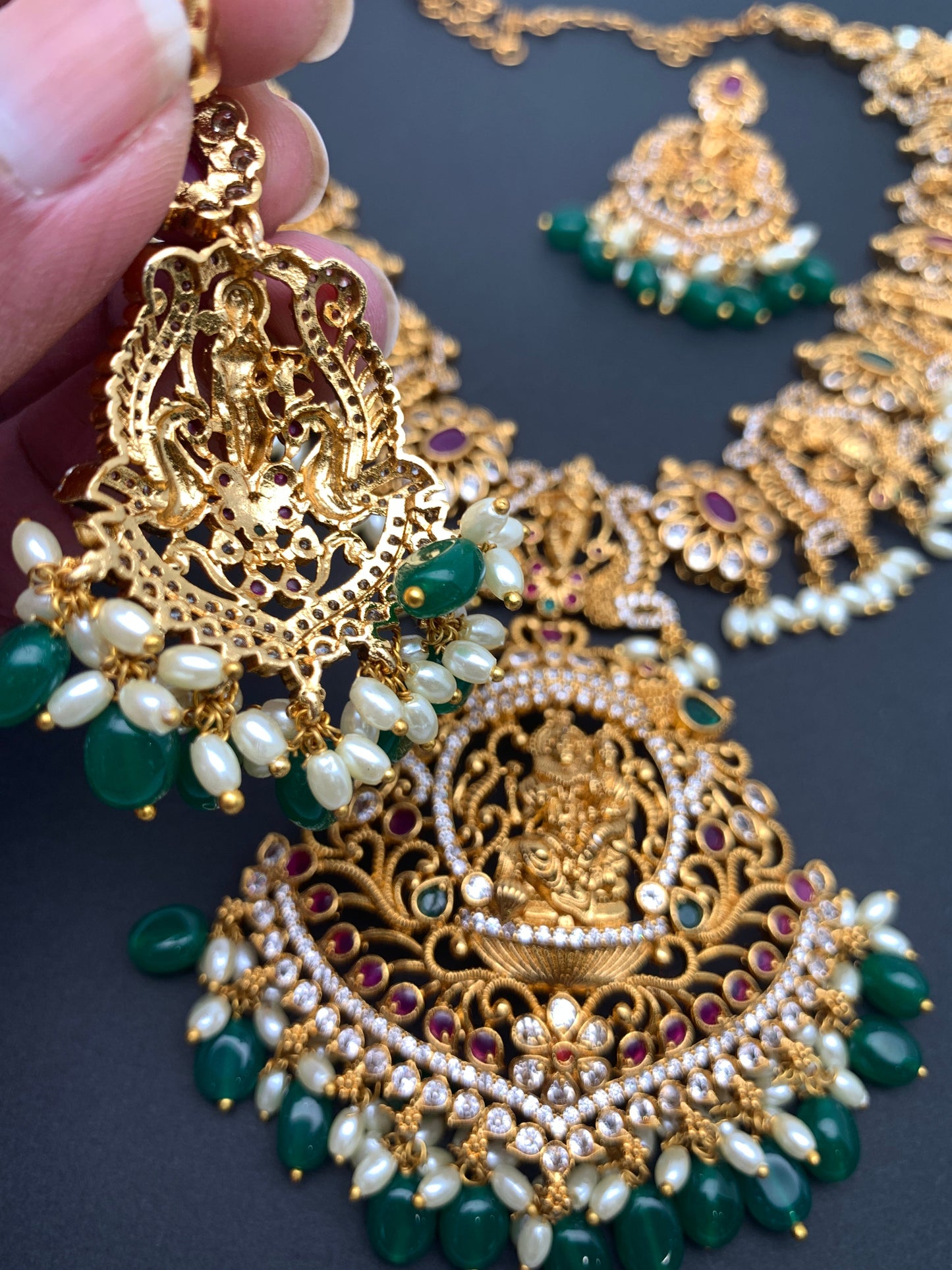 Dashavataram Red Green Stone Green beads Long Necklace