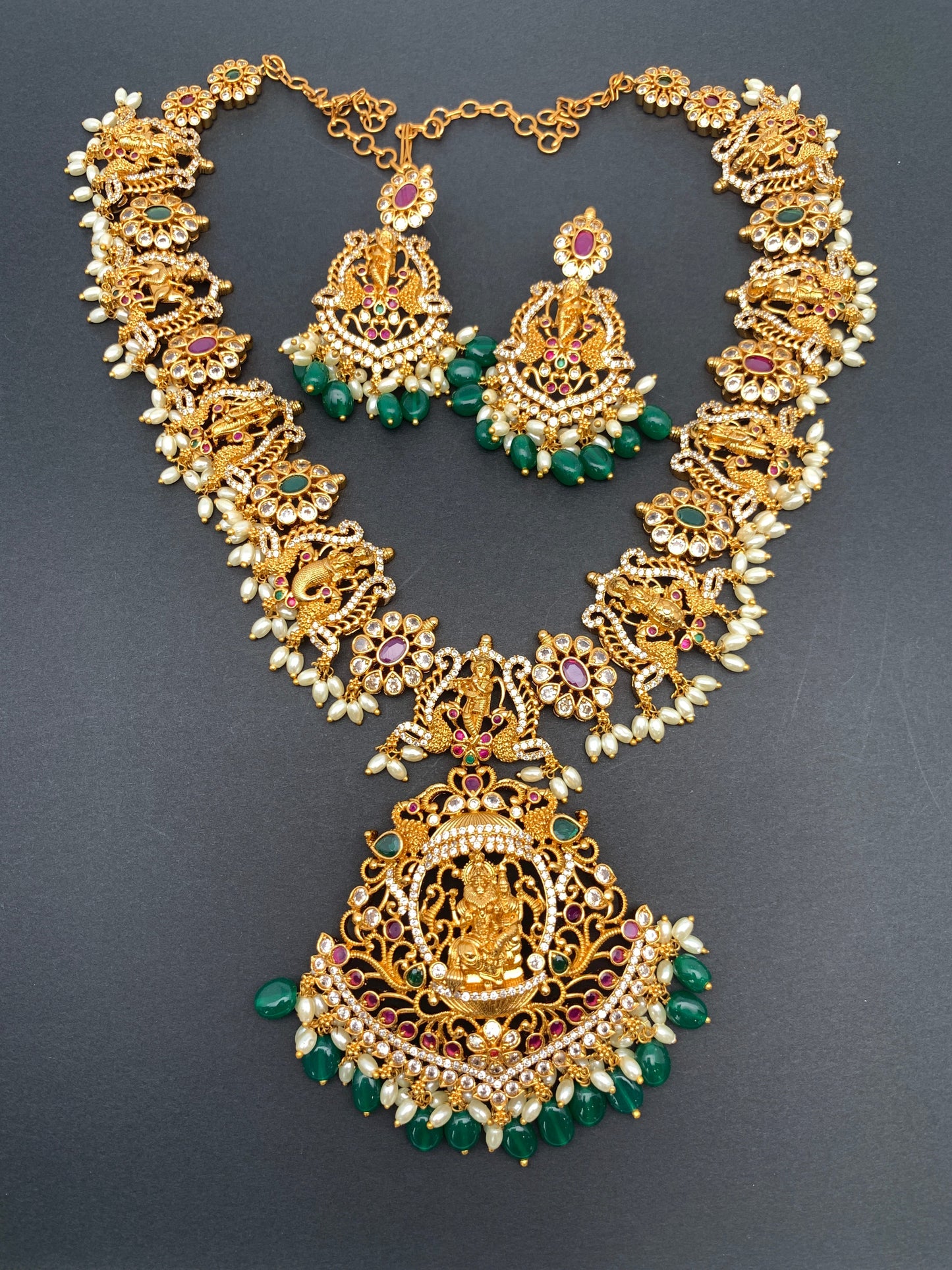 Dashavataram Red Green Stone Green beads Long Necklace