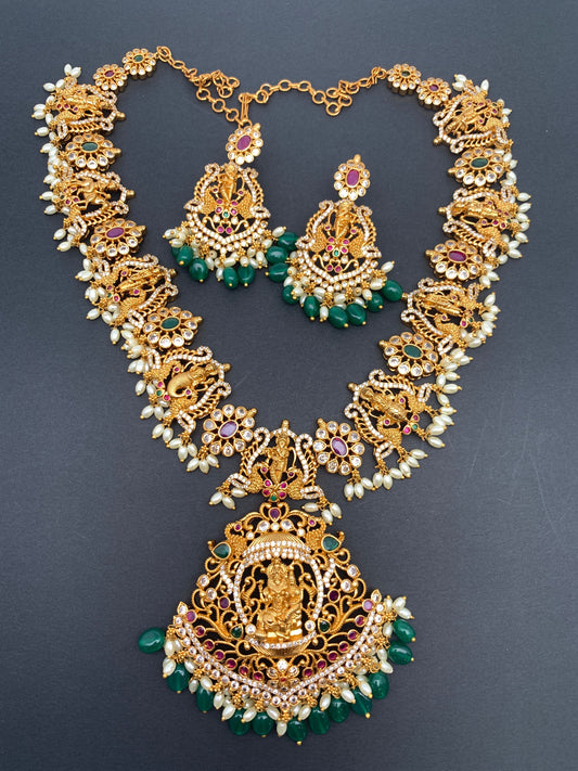 Dashavataram Red Green Stone Green beads Long Necklace