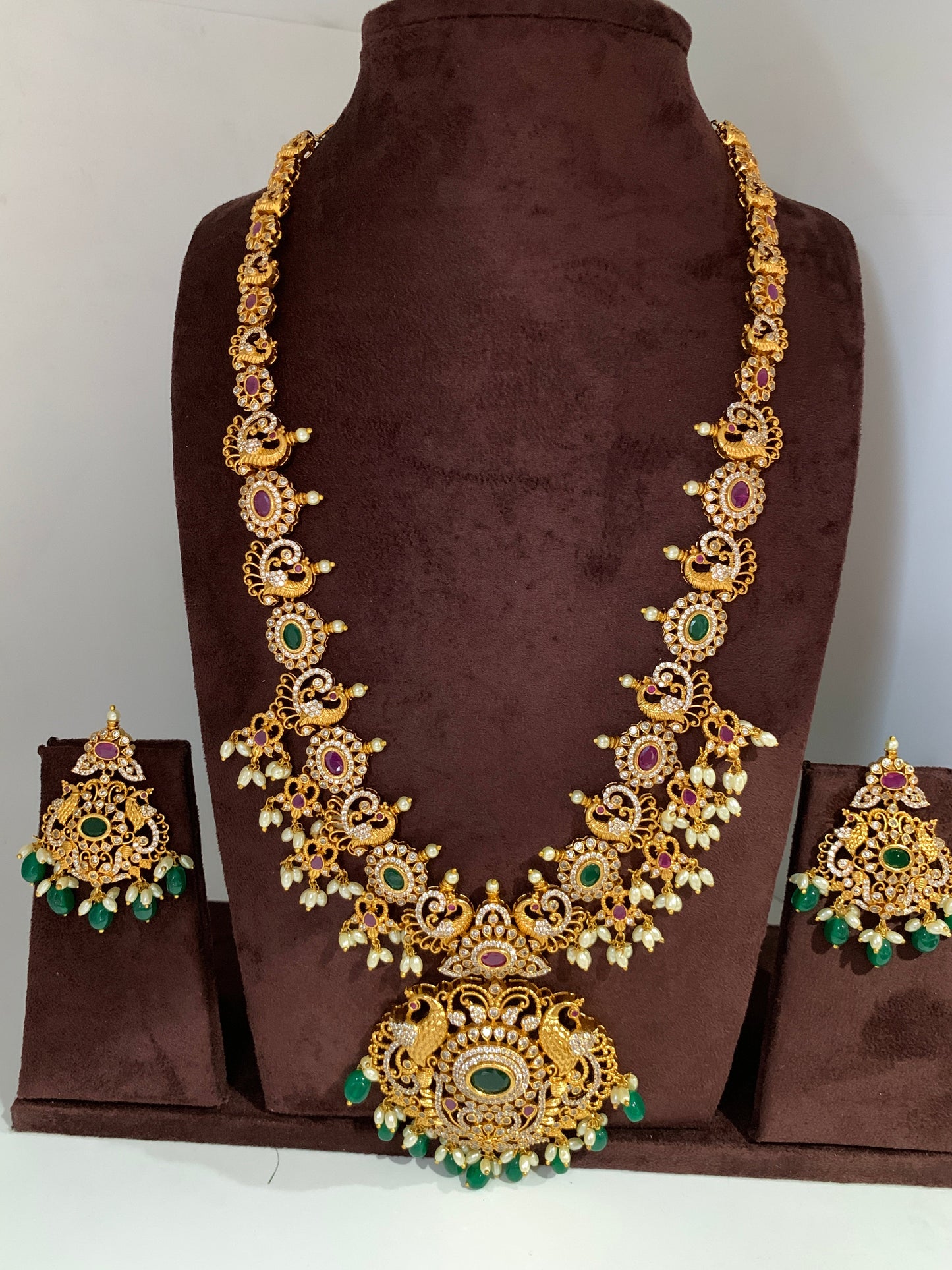 Red Green Stone Peacock Green beads Long Ethnic Necklace