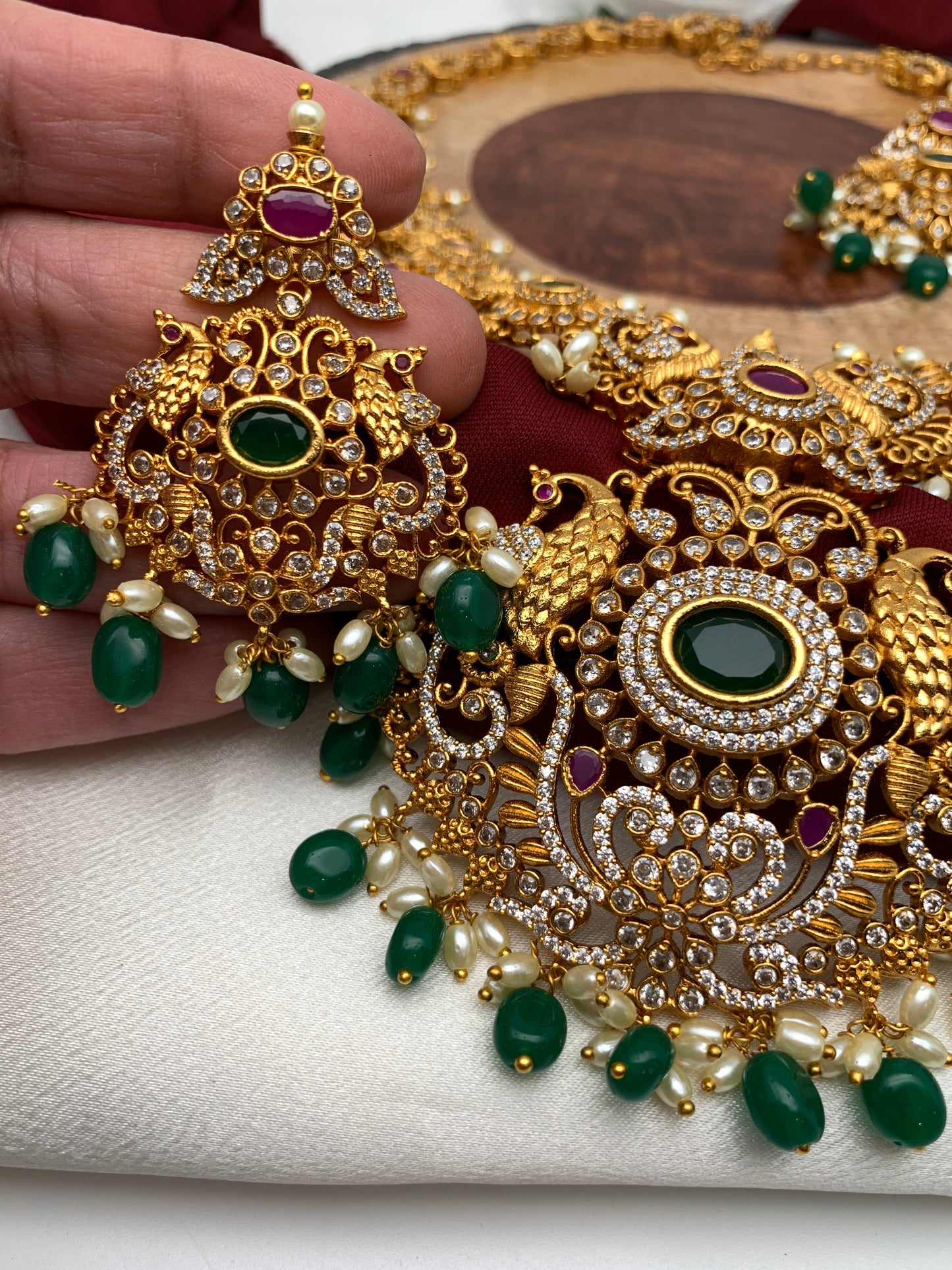 Red Green Stone Peacock Green beads Long Ethnic Necklace