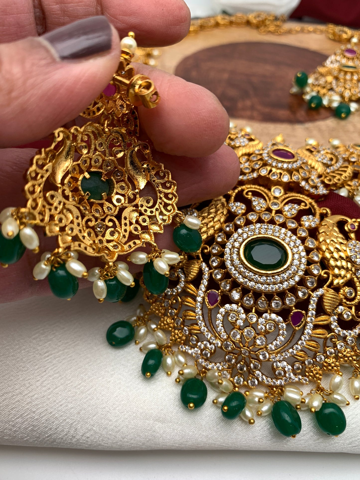 Red Green Stone Peacock Green beads Long Ethnic Necklace
