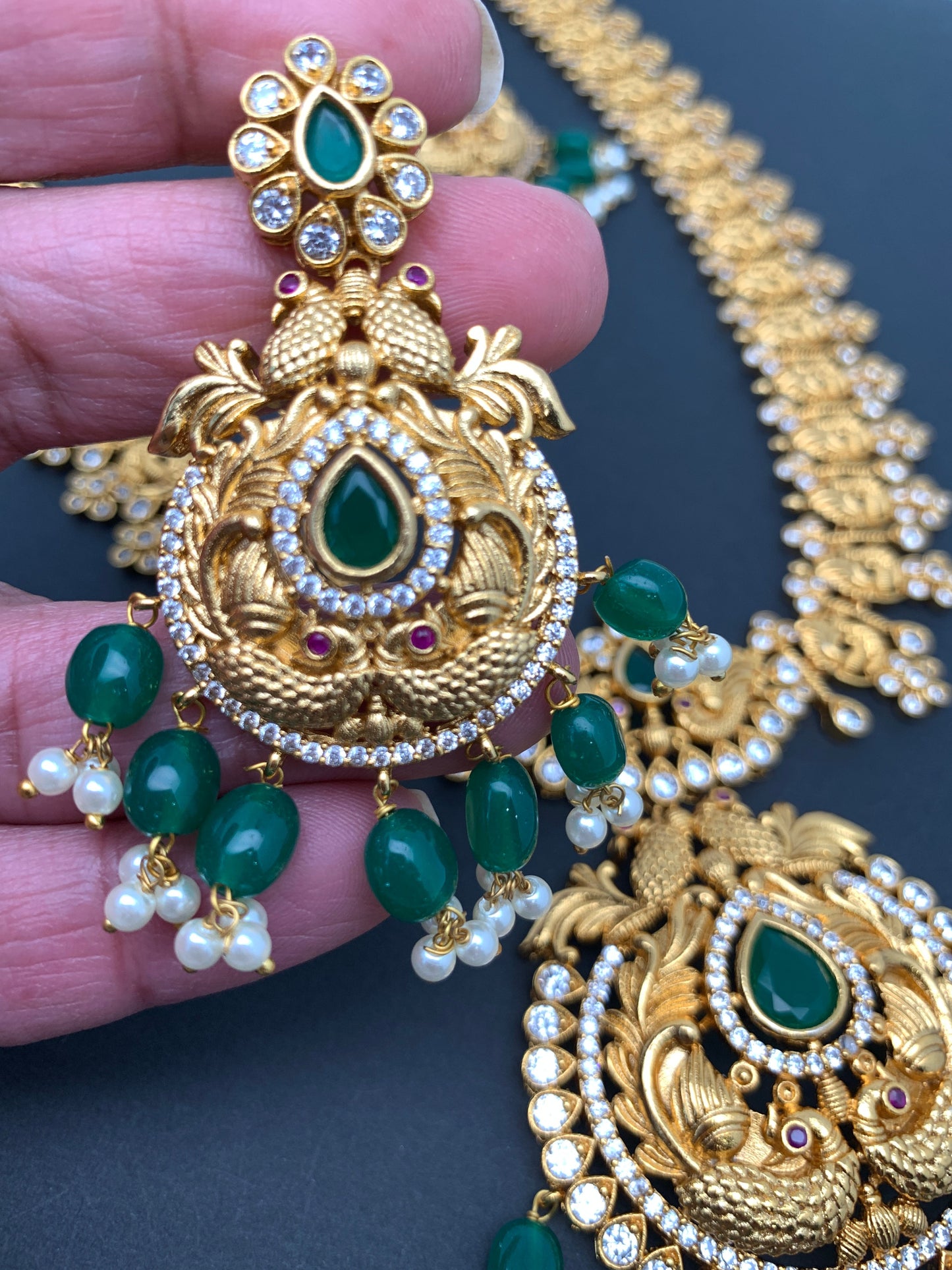 Green Stone Peacock Design Green beads Long Ethnic Necklace
