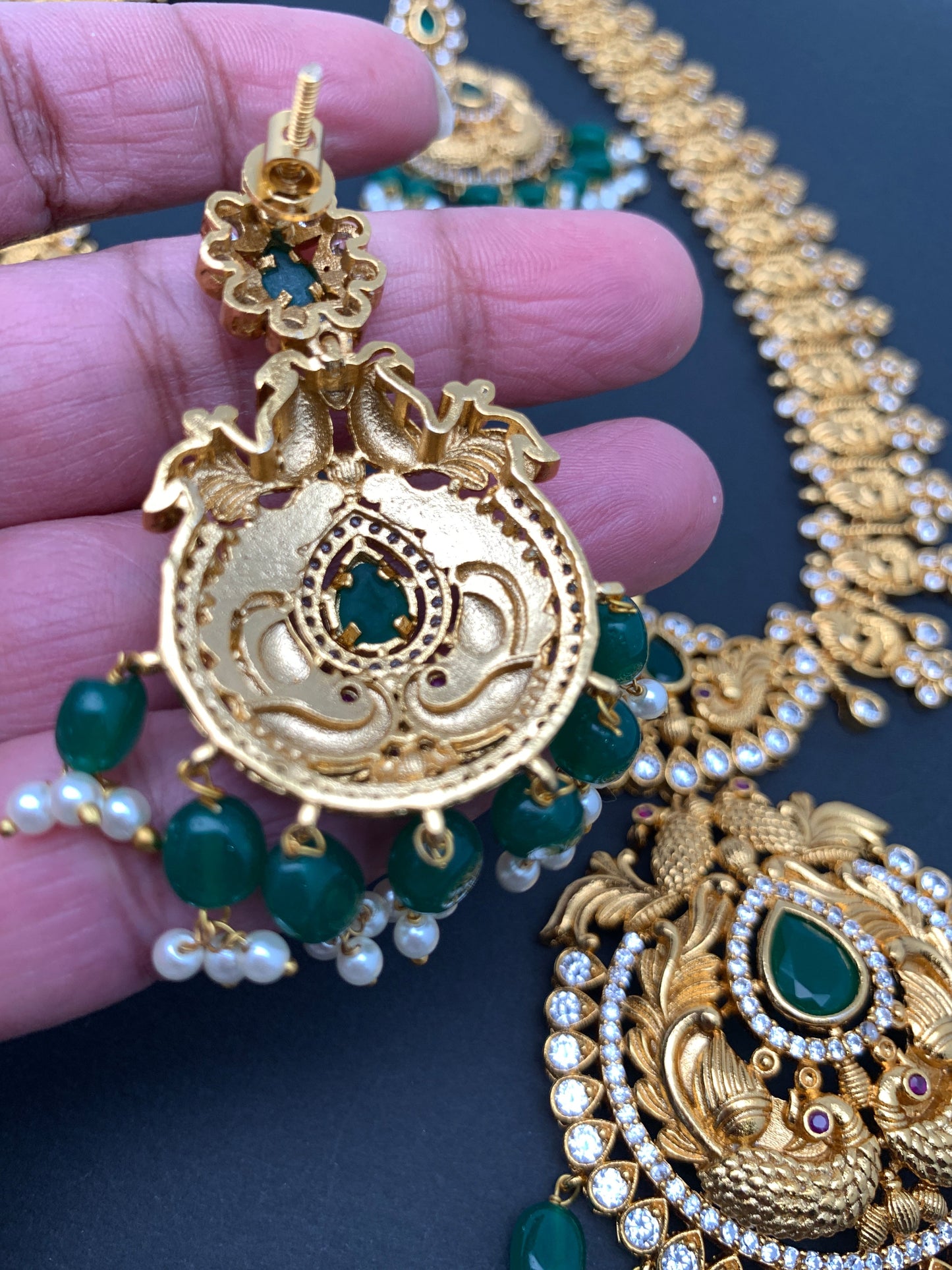 Green Stone Peacock Design Green beads Long Ethnic Necklace
