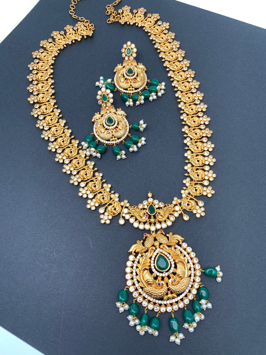 Green Stone Peacock Design Green beads Long Ethnic Necklace