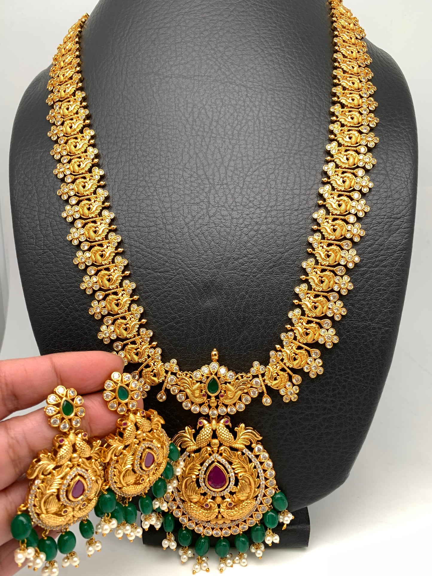 Red Green Stone Peacock Design Green beads Long Ethnic Necklace