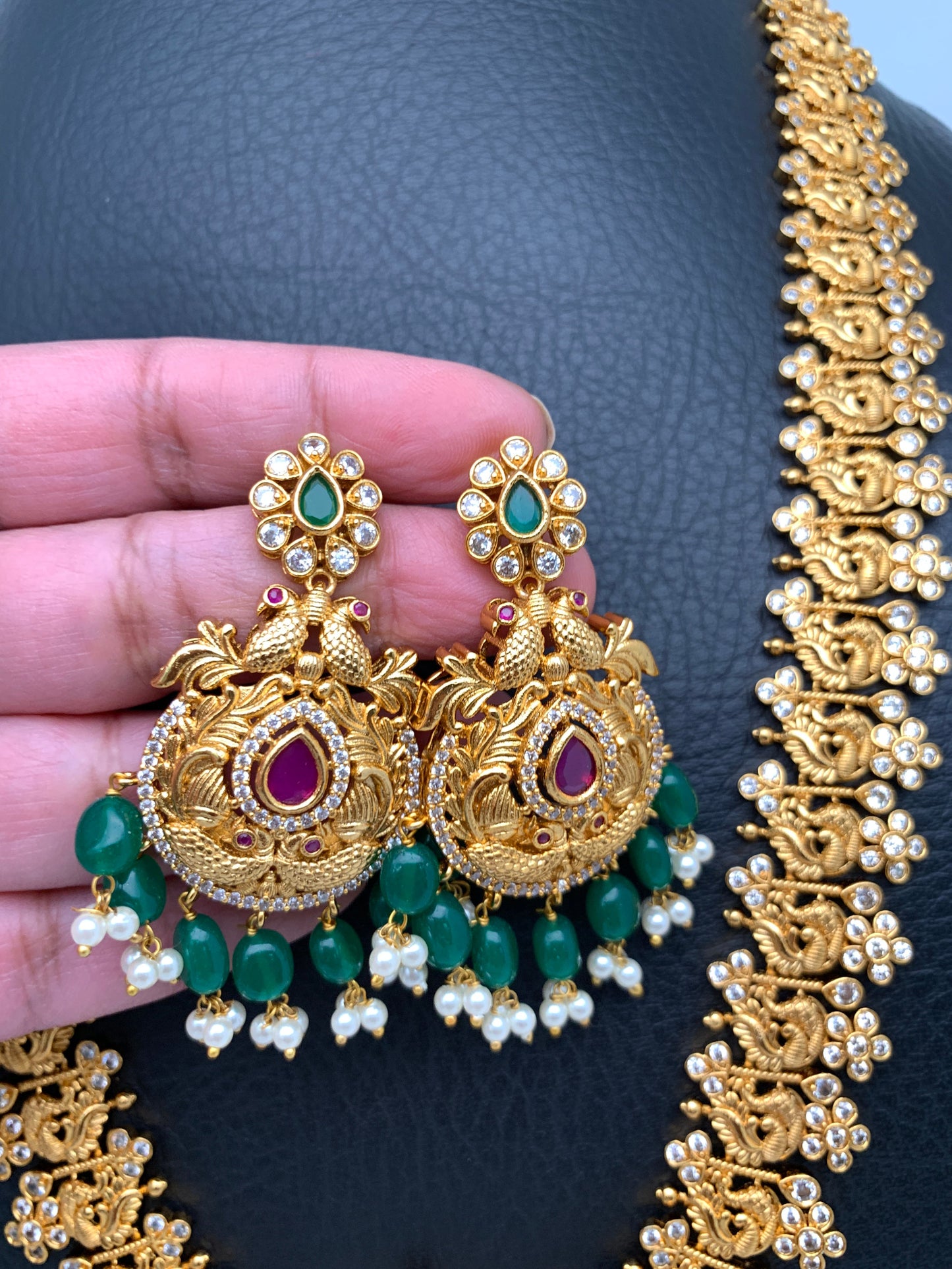 Red Green Stone Peacock Design Green beads Long Ethnic Necklace