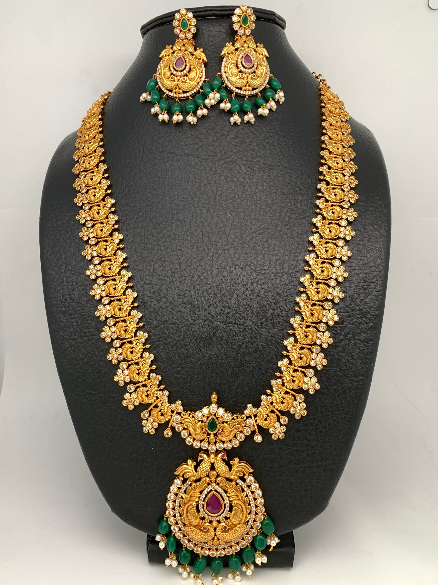 Red Green Stone Peacock Design Green beads Long Ethnic Necklace