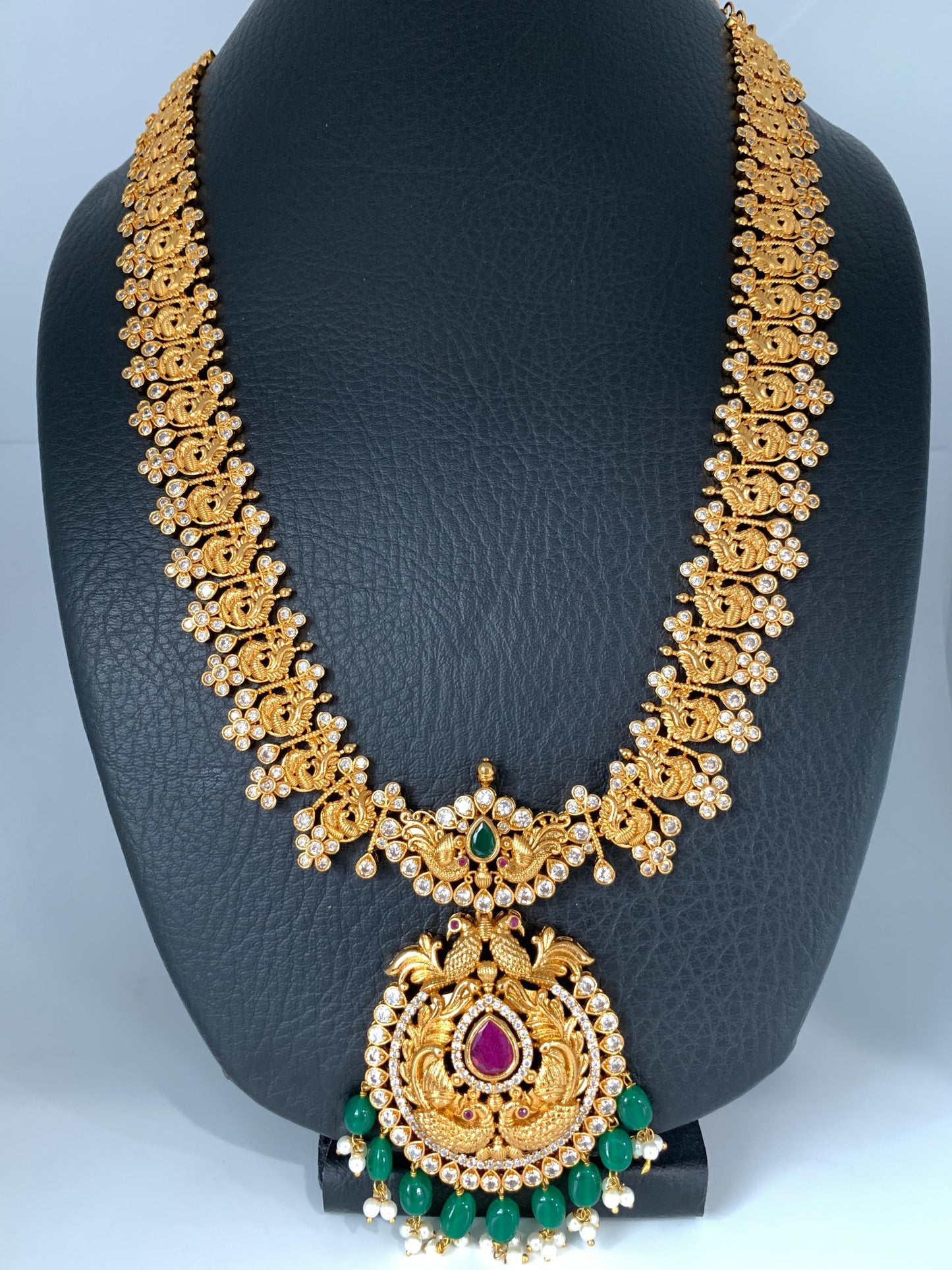 Red Green Stone Peacock Design Green beads Long Ethnic Necklace