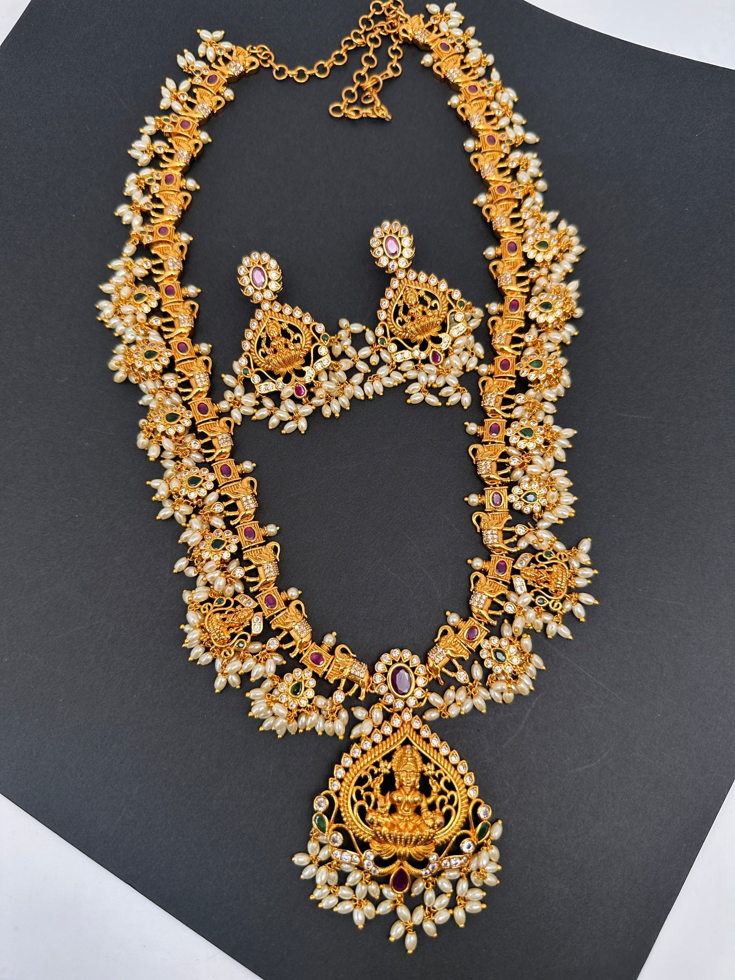 Goddess Lakshmi Elephant Rice Pearls Guttapusalu Long Necklace