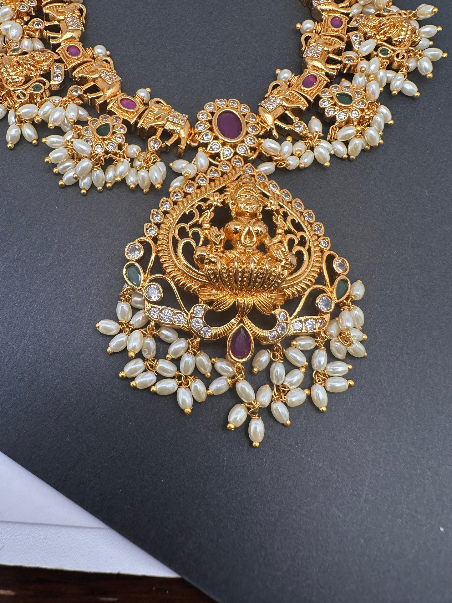 Goddess Lakshmi Elephant Rice Pearls Guttapusalu Long Necklace