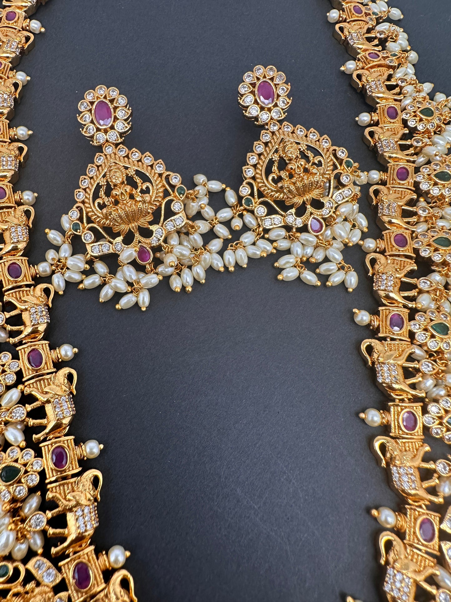Goddess Lakshmi Elephant Rice Pearls Guttapusalu Long Necklace