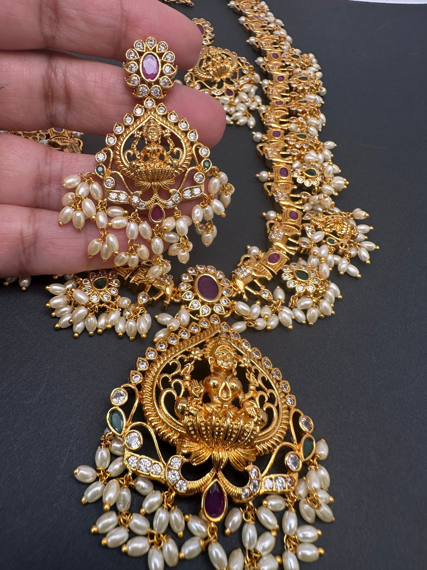 Goddess Lakshmi Elephant Rice Pearls Guttapusalu Long Necklace