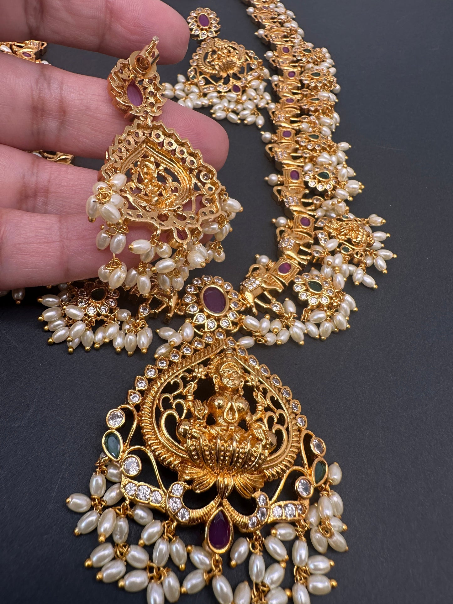 Goddess Lakshmi Elephant Rice Pearls Guttapusalu Long Necklace