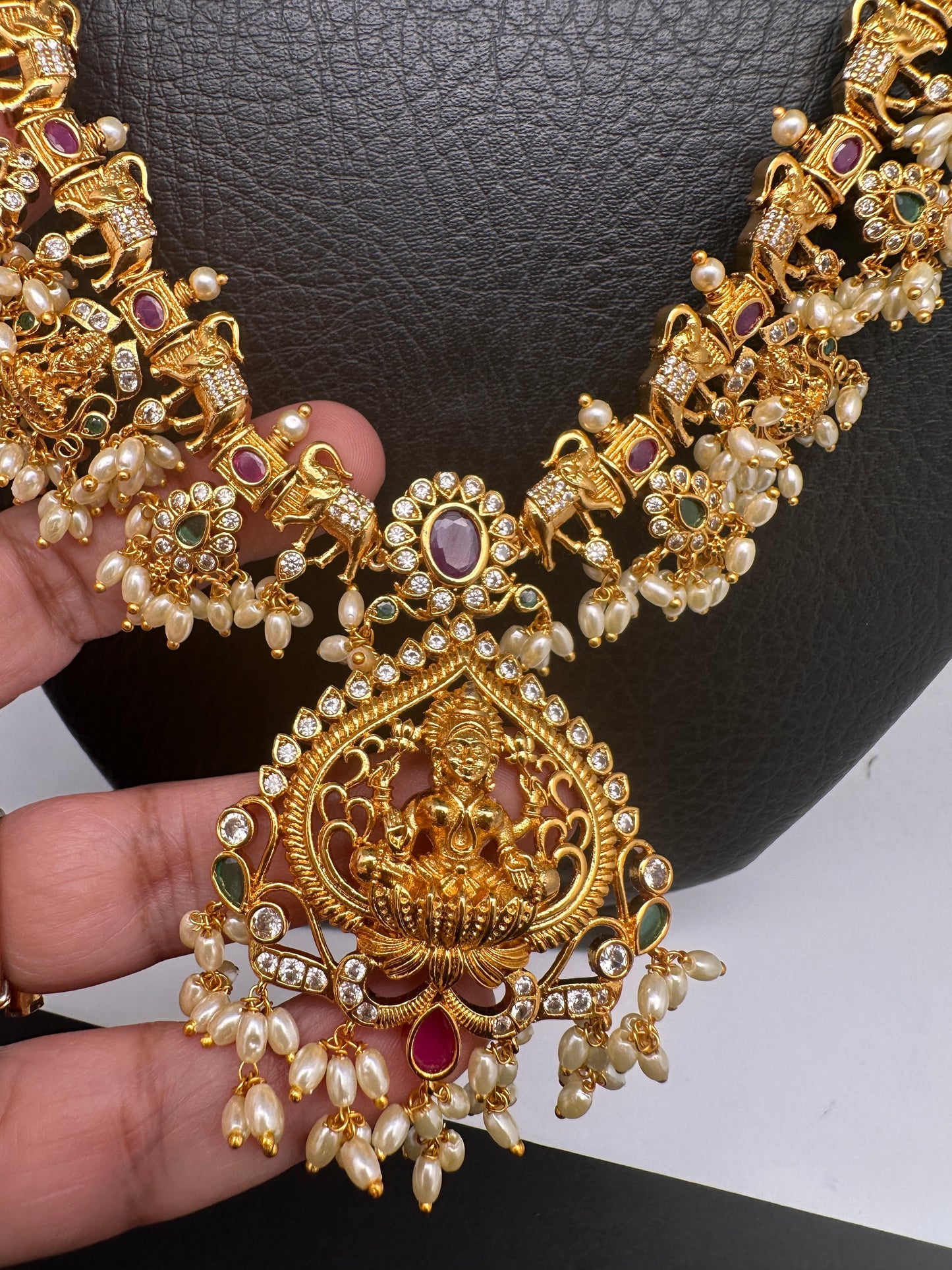 Goddess Lakshmi Elephant Rice Pearls Guttapusalu Long Necklace