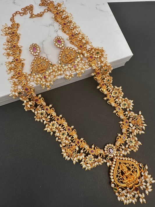 Goddess Lakshmi Elephant Rice Pearls Guttapusalu Long Necklace