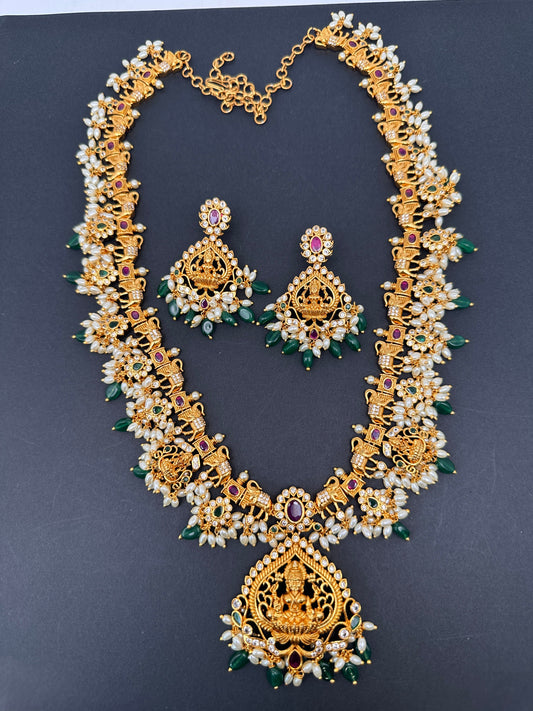 Goddess Lakshmi Elephant Rice Pearls Green beads Guttapusalu Long Necklace