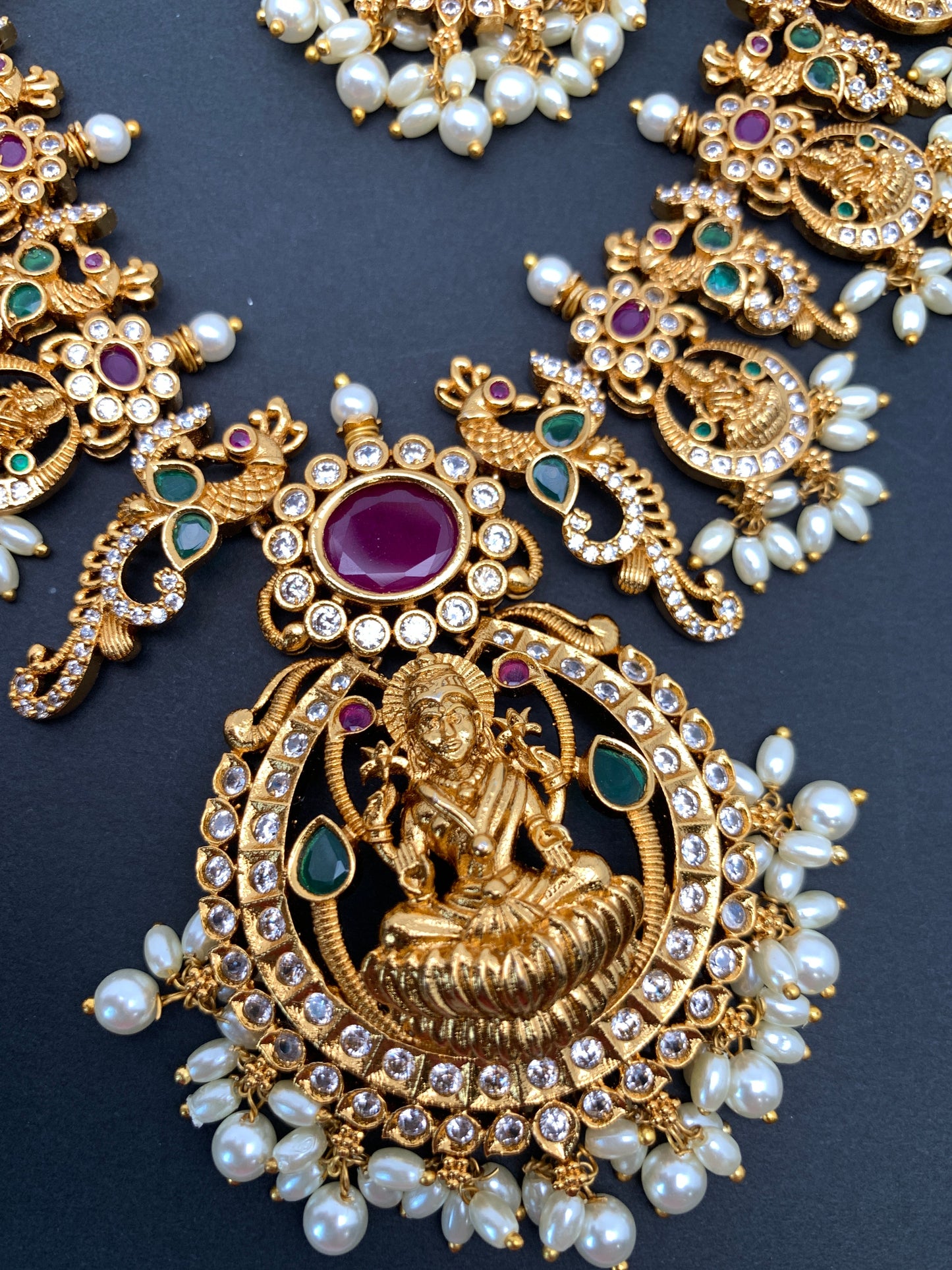 Goddess Lakshmi Floral Multi Stone Pearls Long Necklace