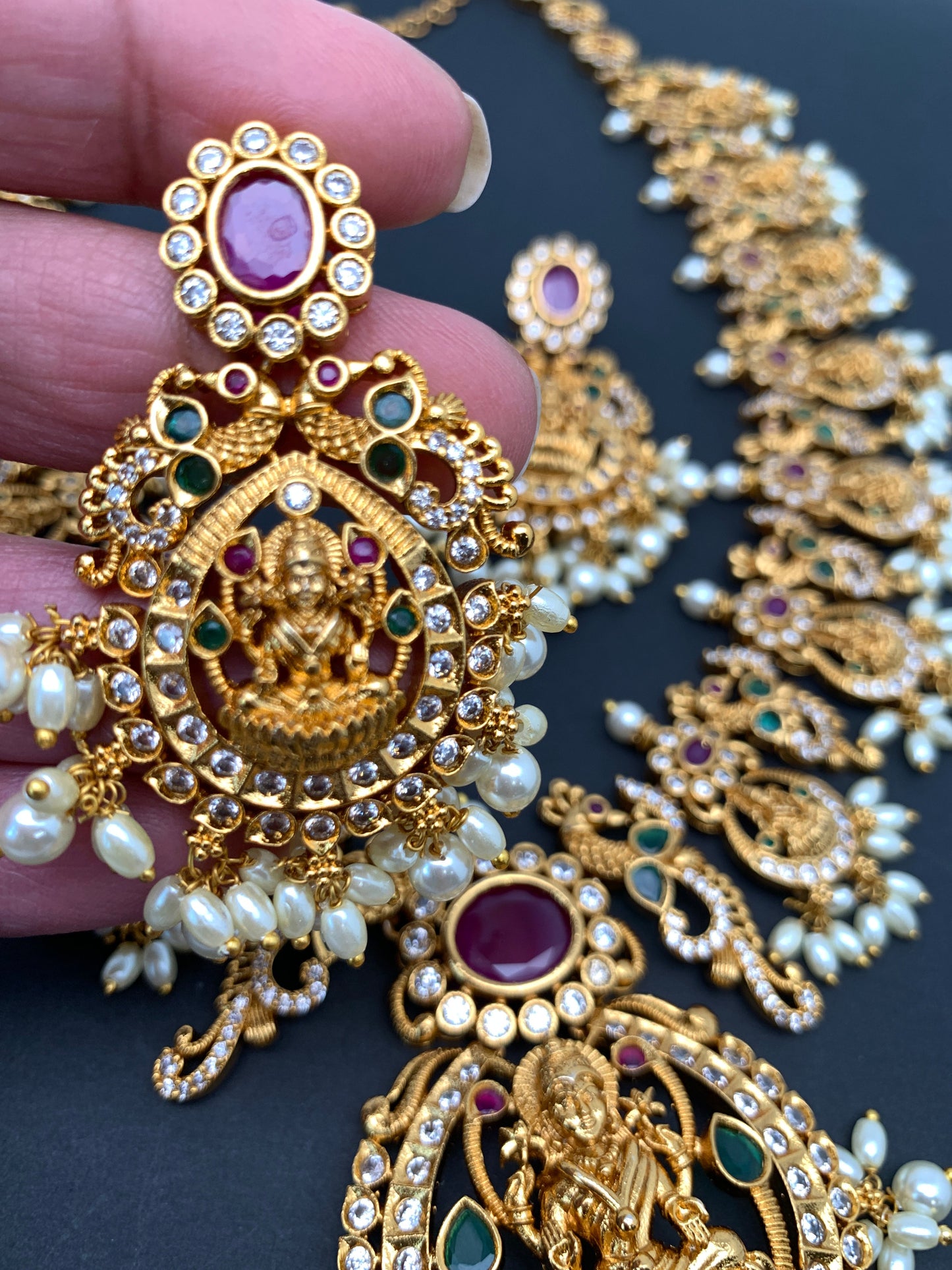 Goddess Lakshmi Floral Multi Stone Pearls Long Necklace