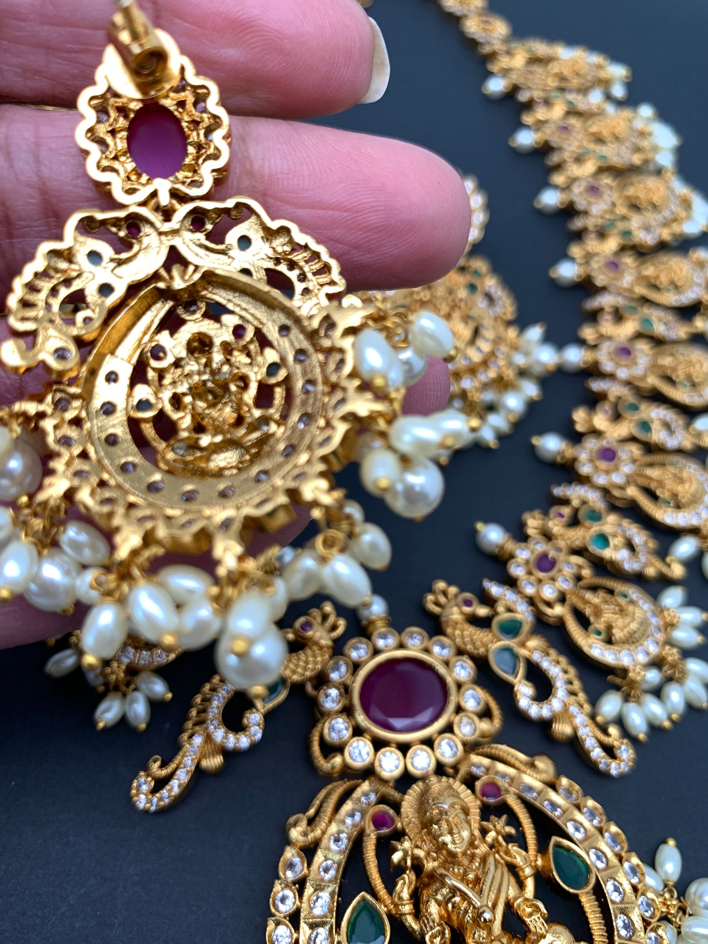 Goddess Lakshmi Floral Multi Stone Pearls Long Necklace