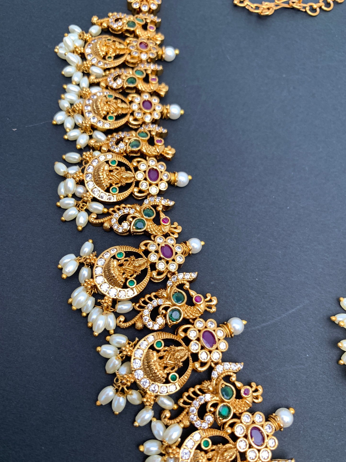Goddess Lakshmi Floral Multi Stone Pearls Long Necklace