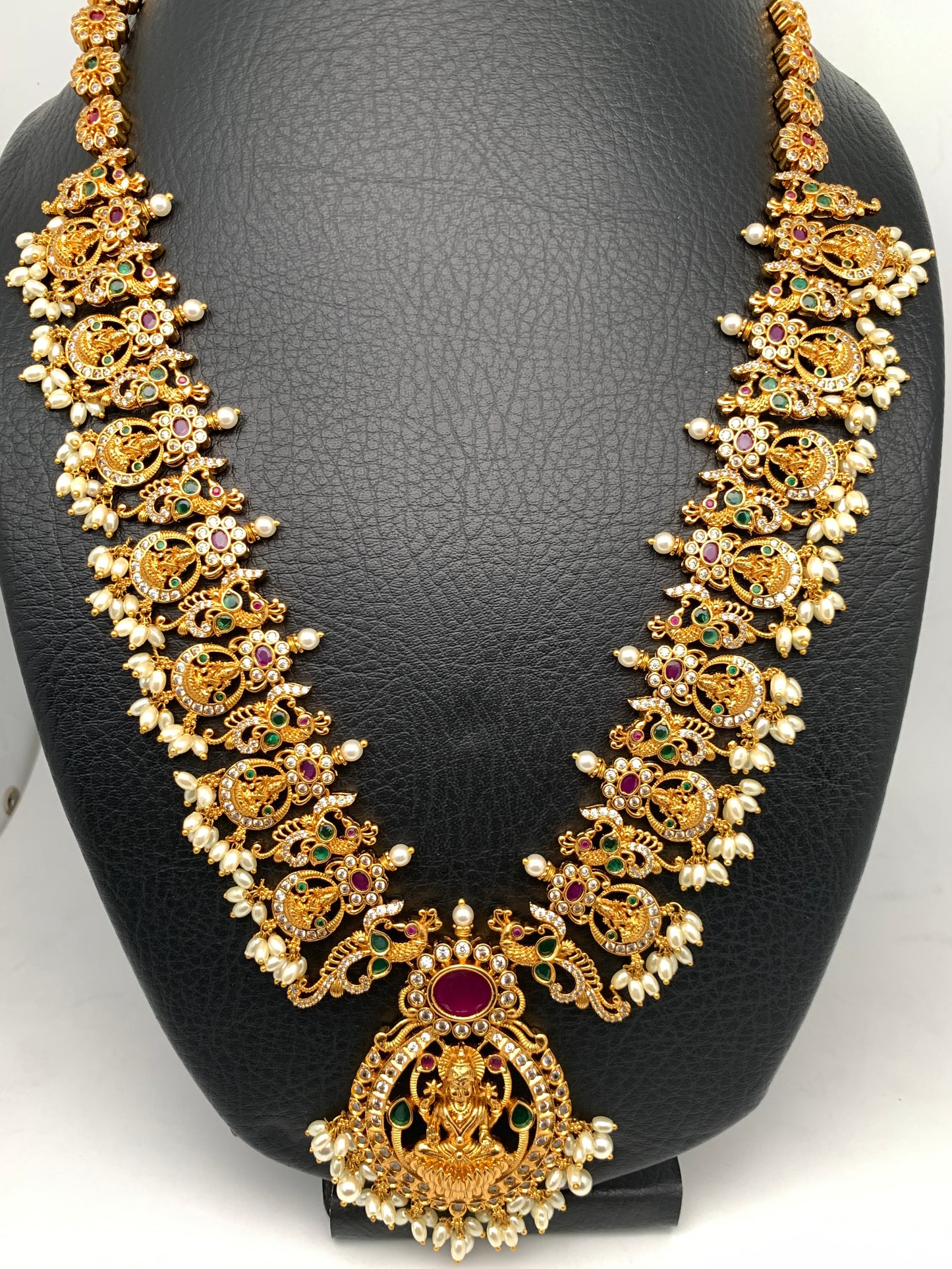 Goddess Lakshmi Floral Multi Stone Pearls Long Necklace