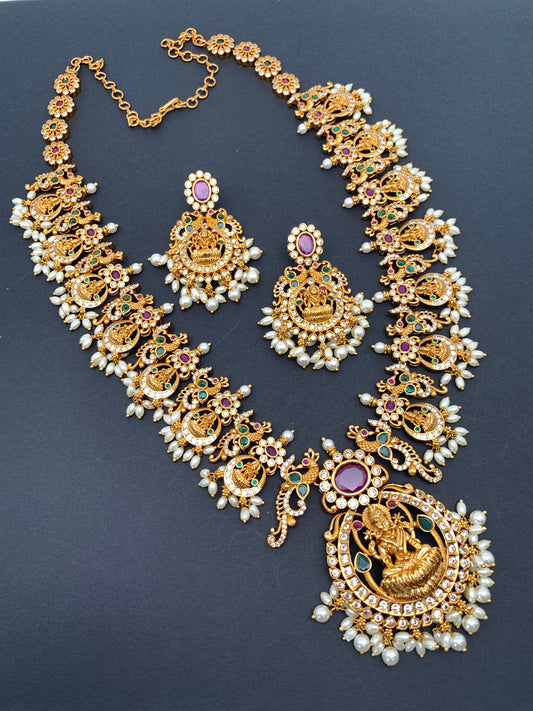 Goddess Lakshmi Floral Multi Stone Pearls Long Necklace