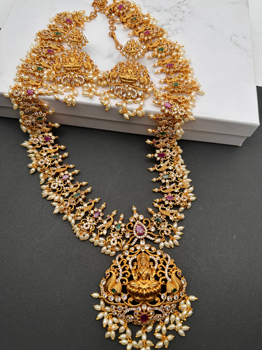 Goddess Lakshmi Multi Stone Rice Pearls Long Guttapusalu Necklace