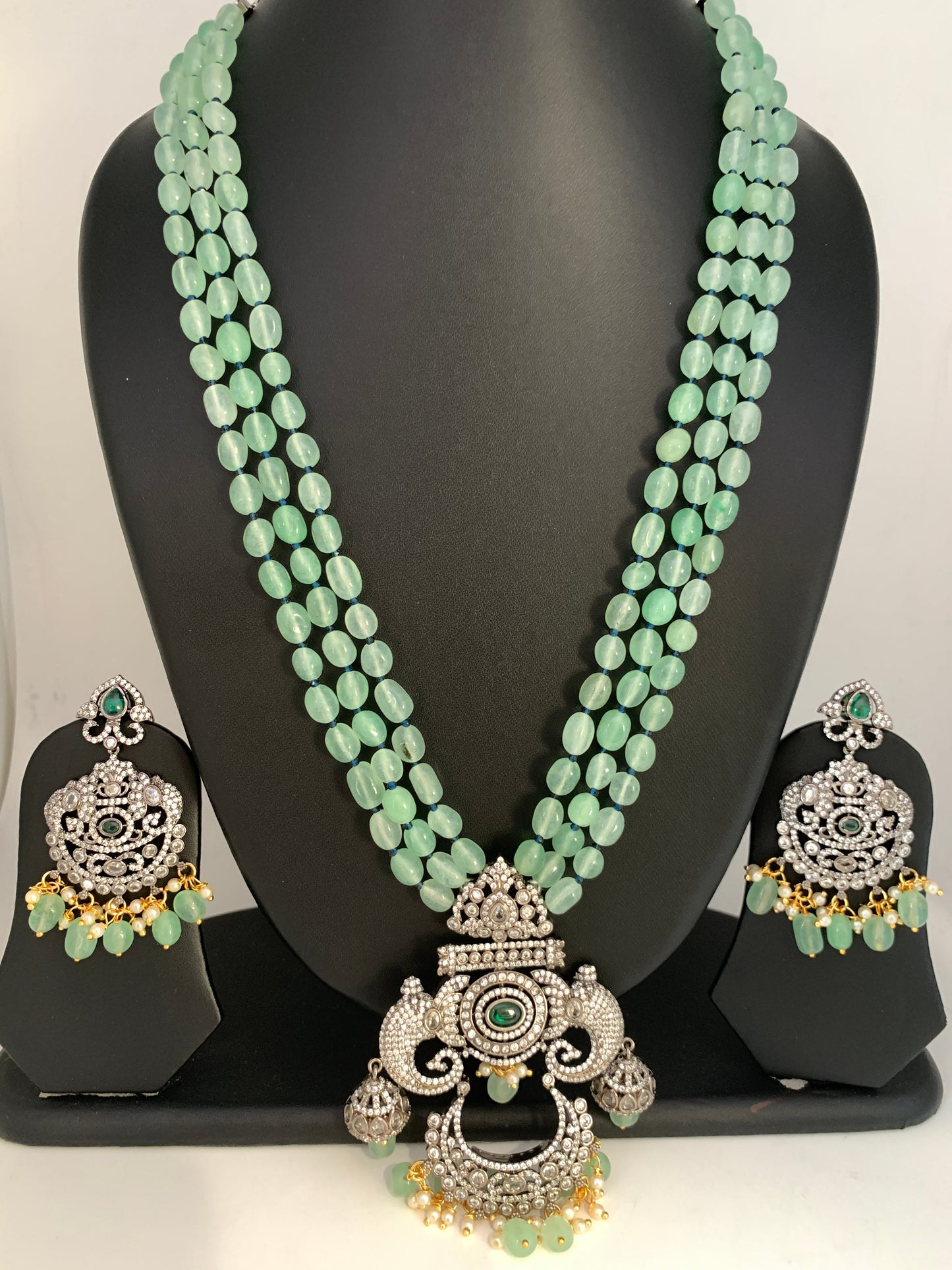 Kundan AD Mint Green Stone Victorian Pendent Mint Green Beads Mala