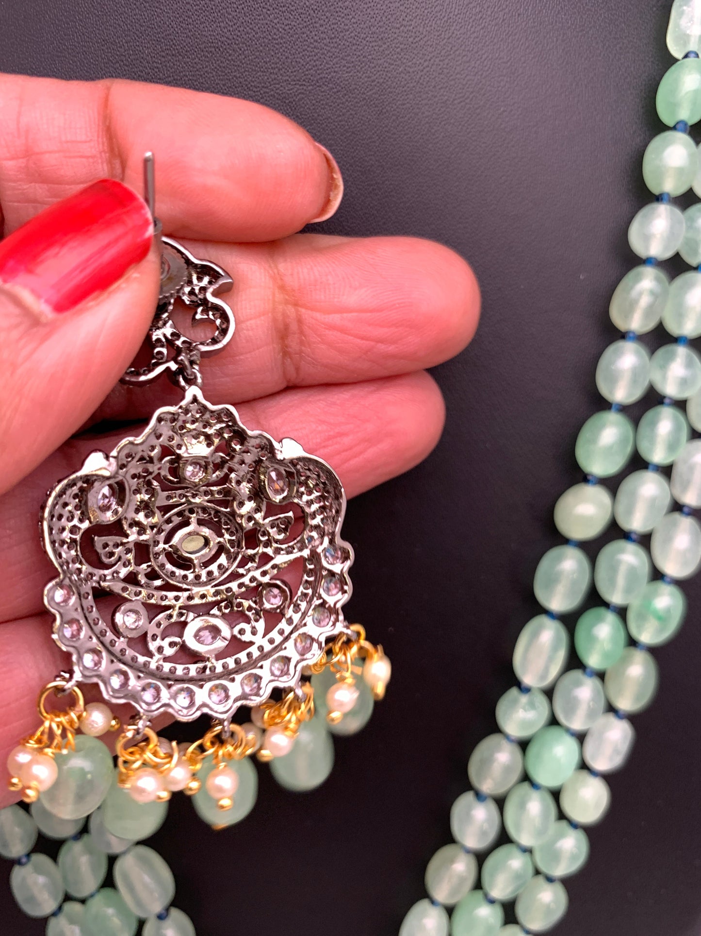 Kundan AD Mint Green Stone Victorian Pendent Mint Green Beads Mala