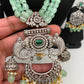 Kundan AD Mint Green Stone Victorian Pendent Mint Green Beads Mala