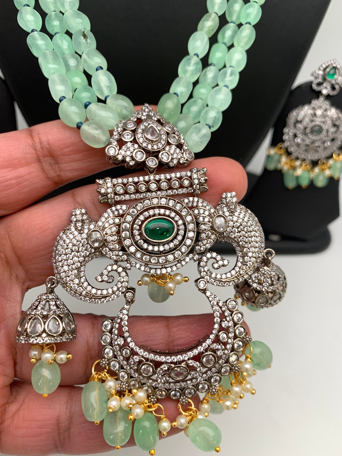Kundan AD Mint Green Stone Victorian Pendent Mint Green Beads Mala