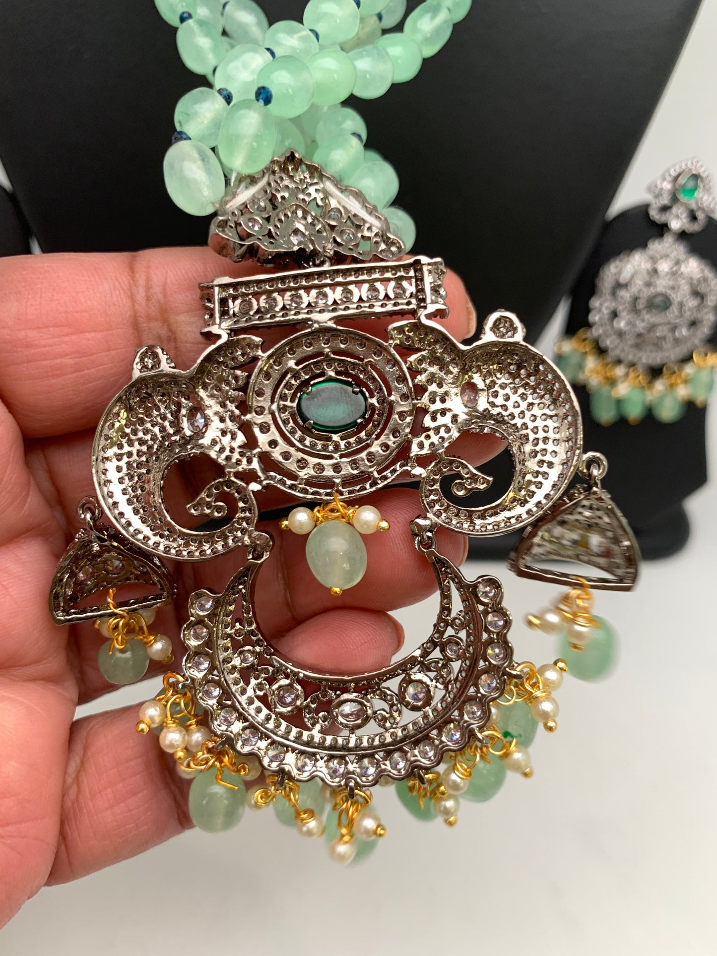 Kundan AD Mint Green Stone Victorian Pendent Mint Green Beads Mala