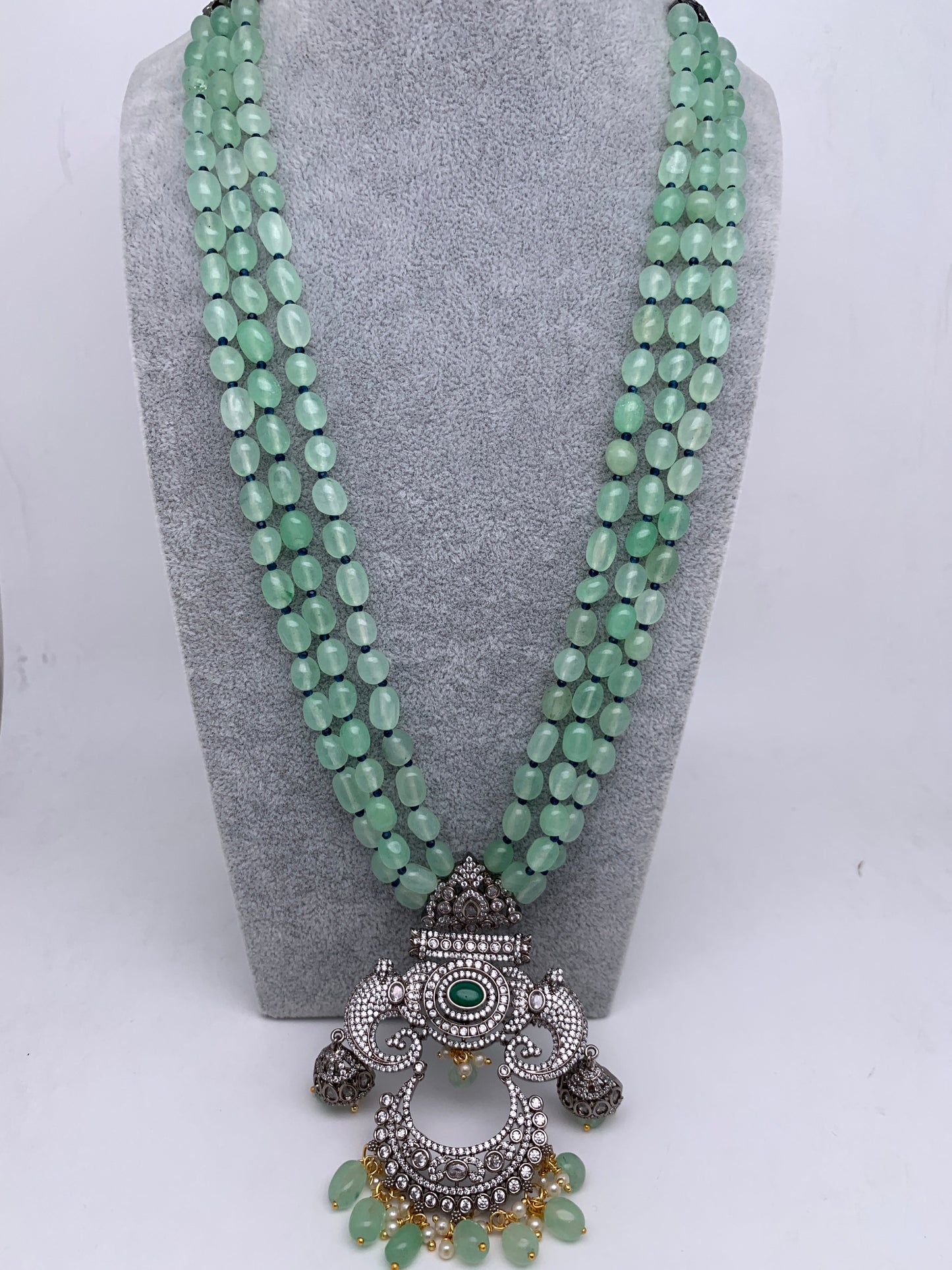 Kundan AD Mint Green Stone Victorian Pendent Mint Green Beads Mala
