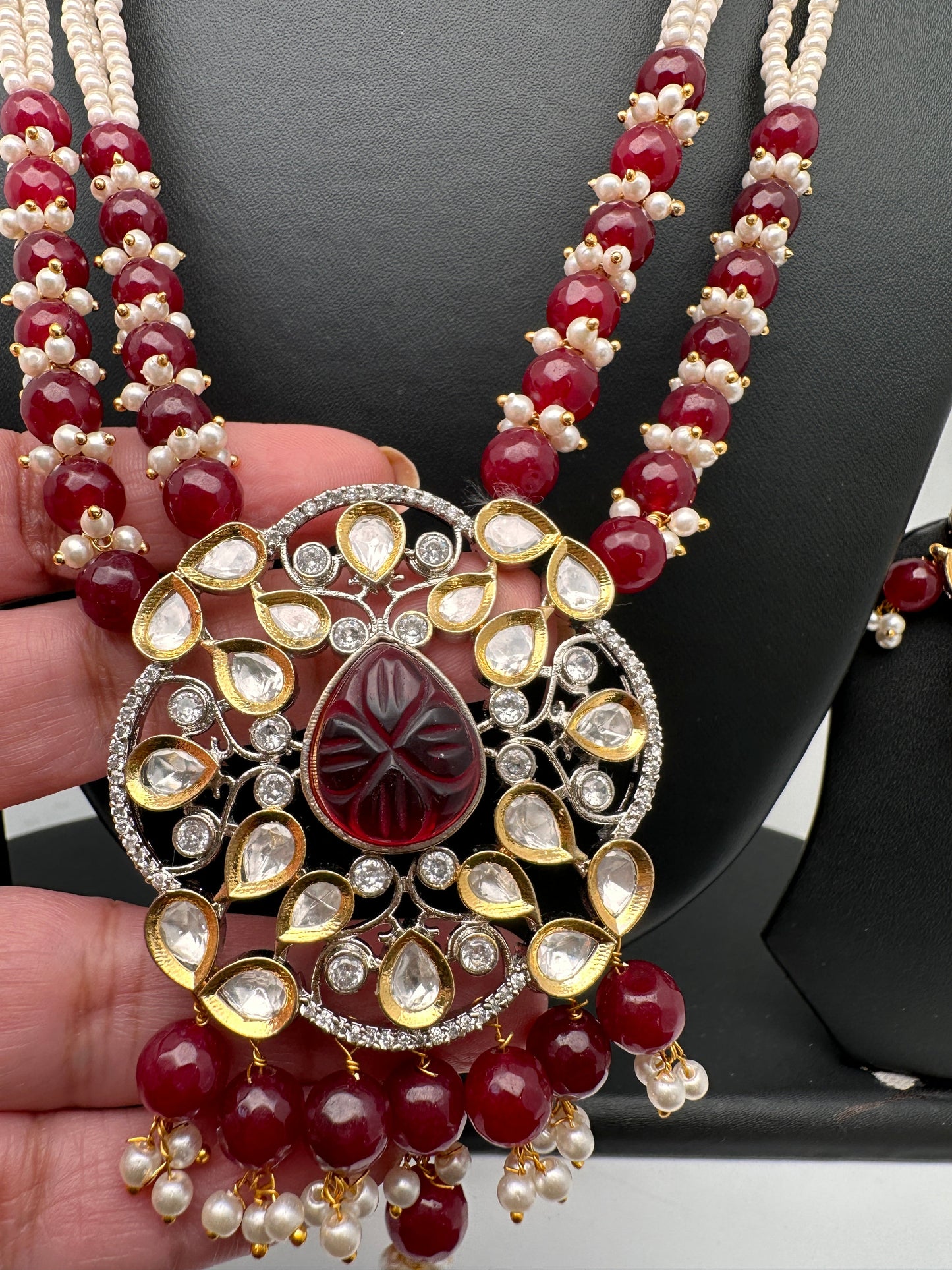 Kundan AD Red Stone Silver Finish Pendent Maroon Beads Mala