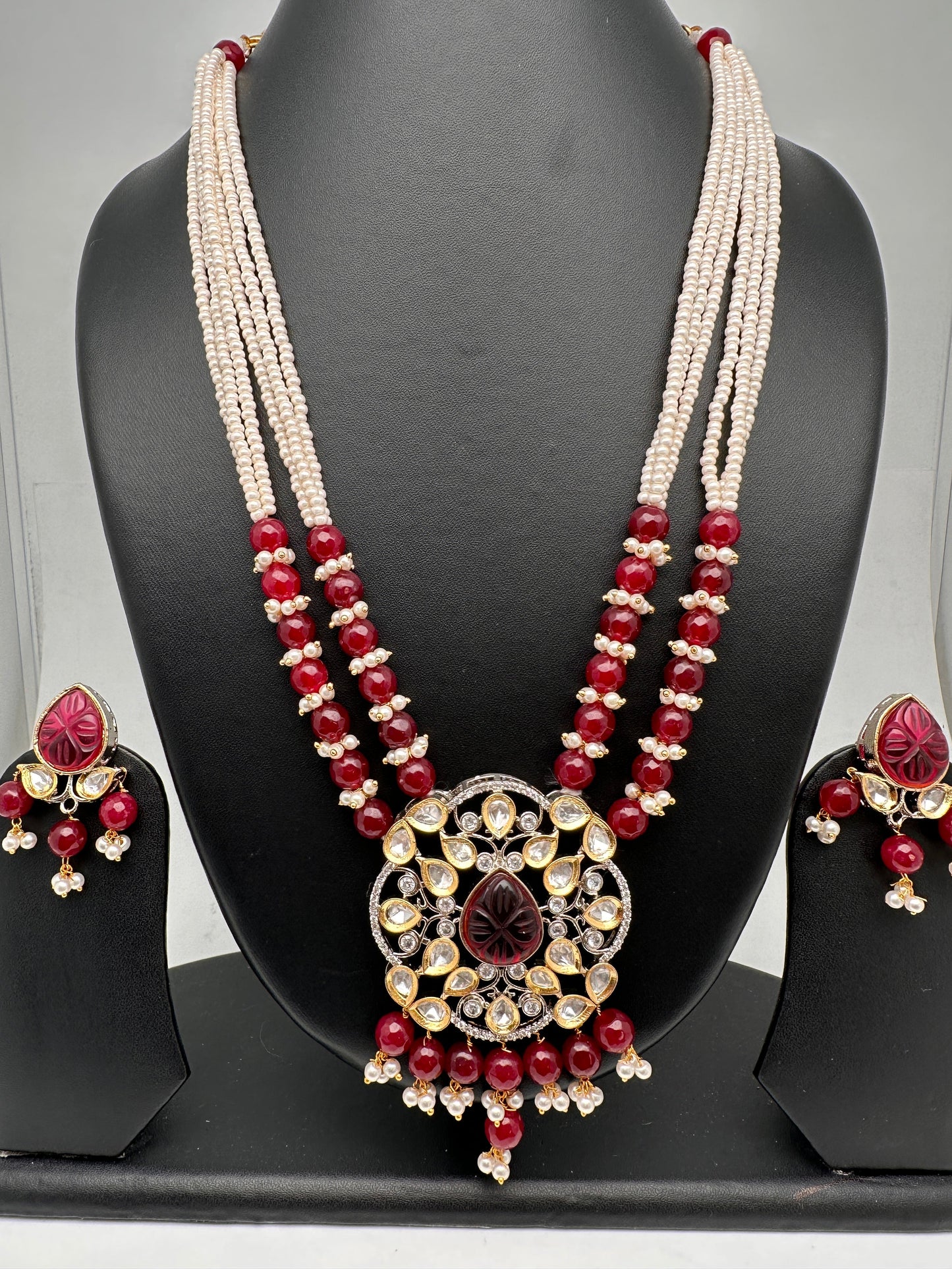 Kundan AD Red Stone Silver Finish Pendent Maroon Beads Mala