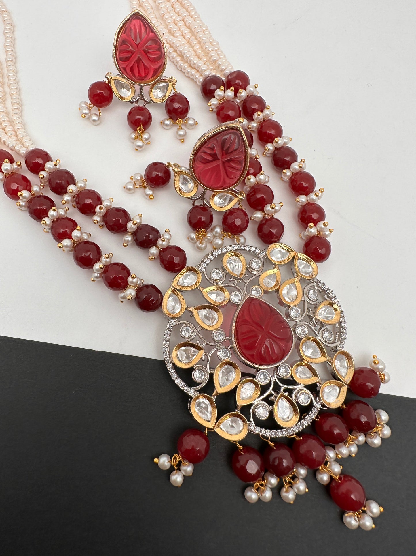 Kundan AD Red Stone Silver Finish Pendent Maroon Beads Mala